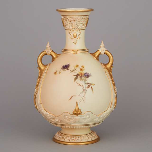 Worcester Blush Ivory Ground Two-Handled Vase, Edward Raby, 1893