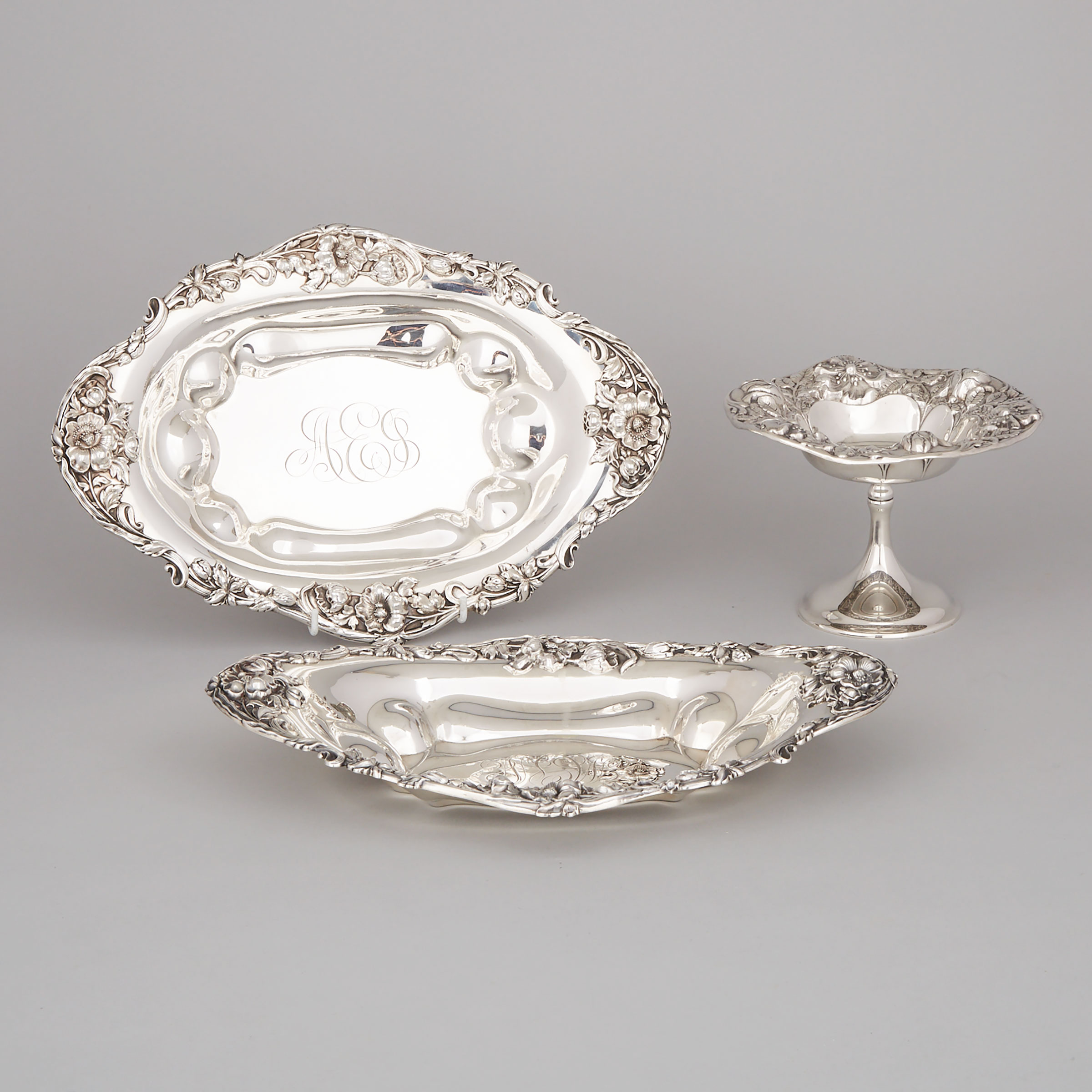 American Silver Comport and Two Oval Dishes, Gorham Mfg. Co., Providence, R.I., and J.E. Caldwell & Co., Philadelphia, Pa., early 20th century