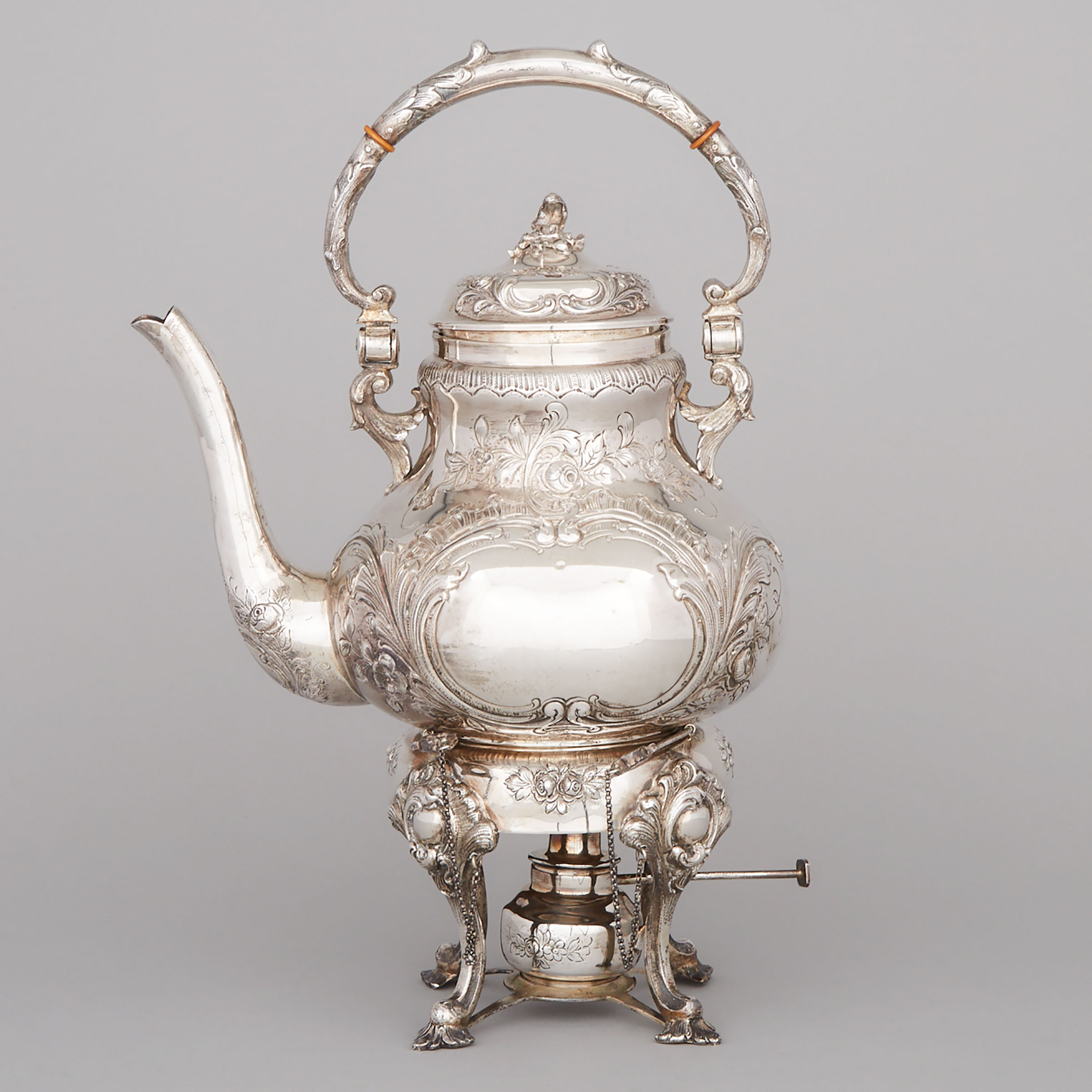 South American Silver Tea Kettle on Lampstand, 20th century