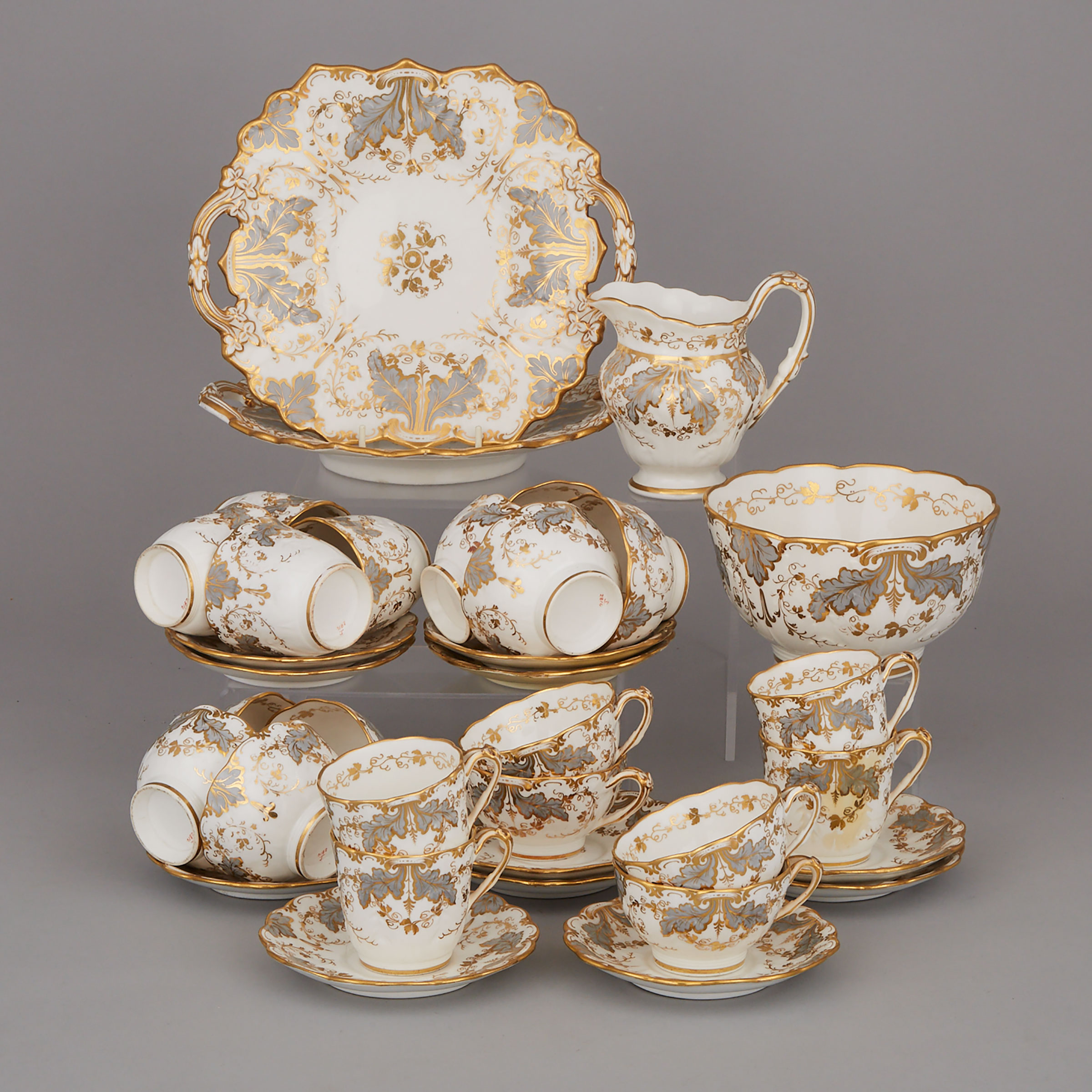 English Porcelain Grey and Gilt Decorated Part Service, mid-19th century