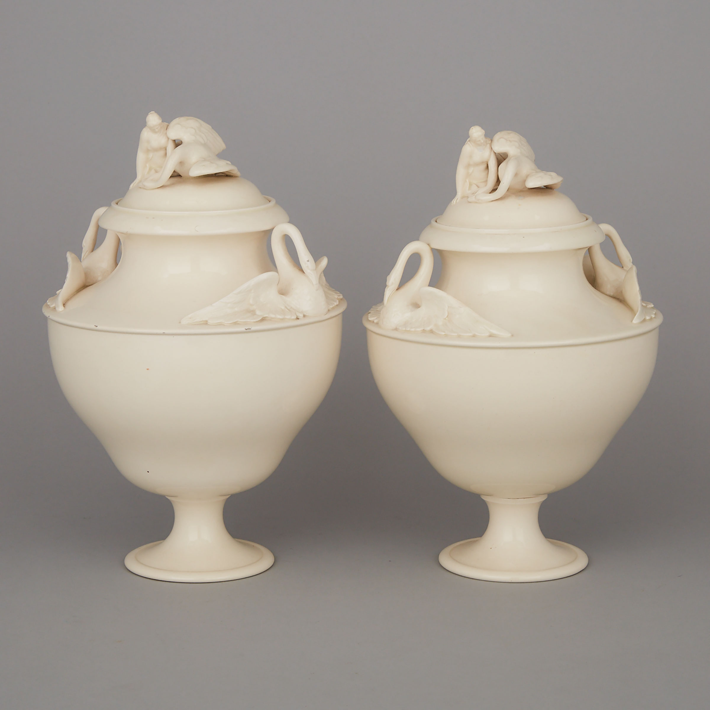Pair of Wedgwood Queen’s Ware ‘Leda’ Vases and Covers, early 20th century