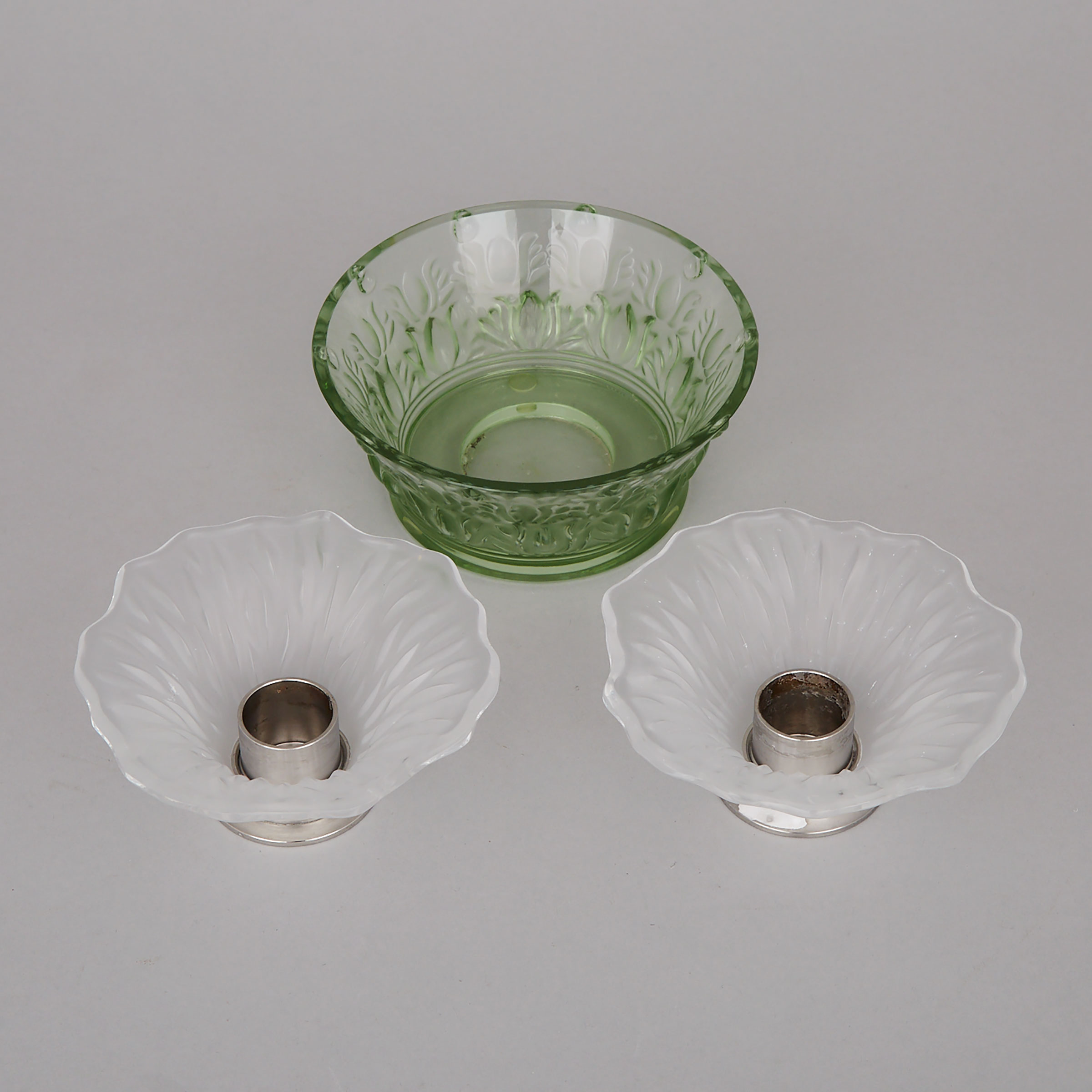 Three Lalique Moulded and Frosted Glass Candle Holders, 20th century