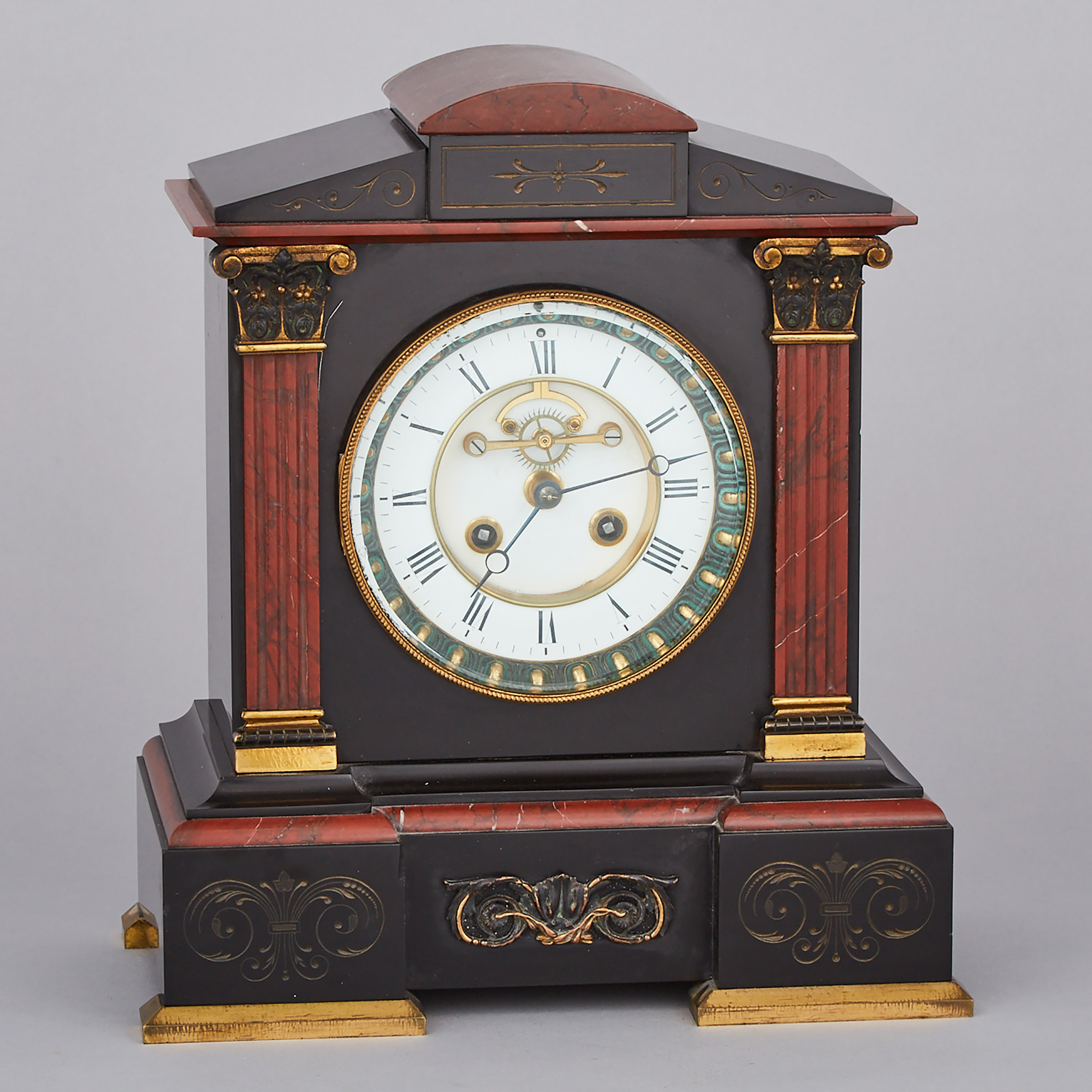 French Ormolu Mounted Belgian Black Marble and Rouge Griotte Mantle Clock, late 19th century