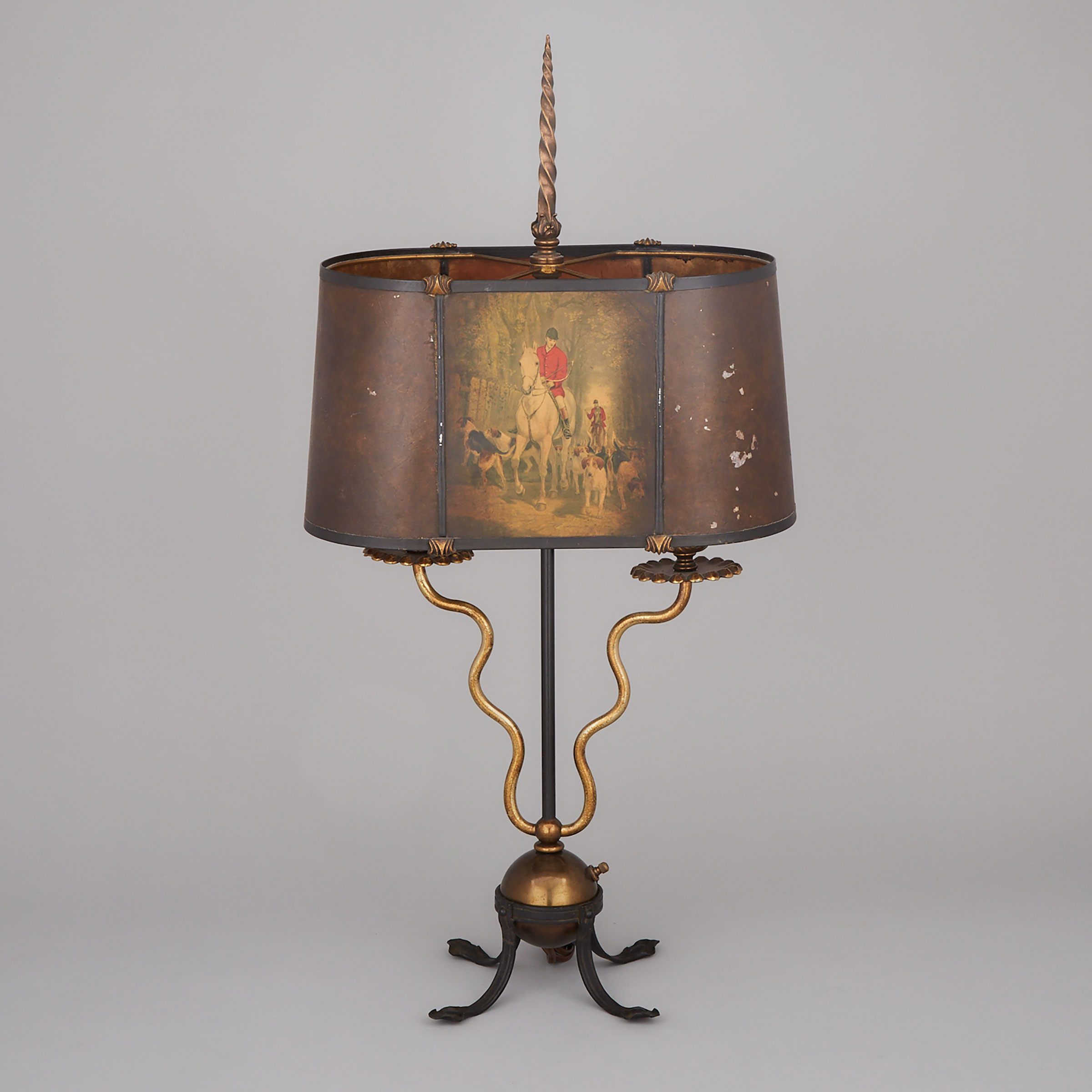 Wrought Iron and Gilt Metal Two Light Desk Lamp, early 20th century