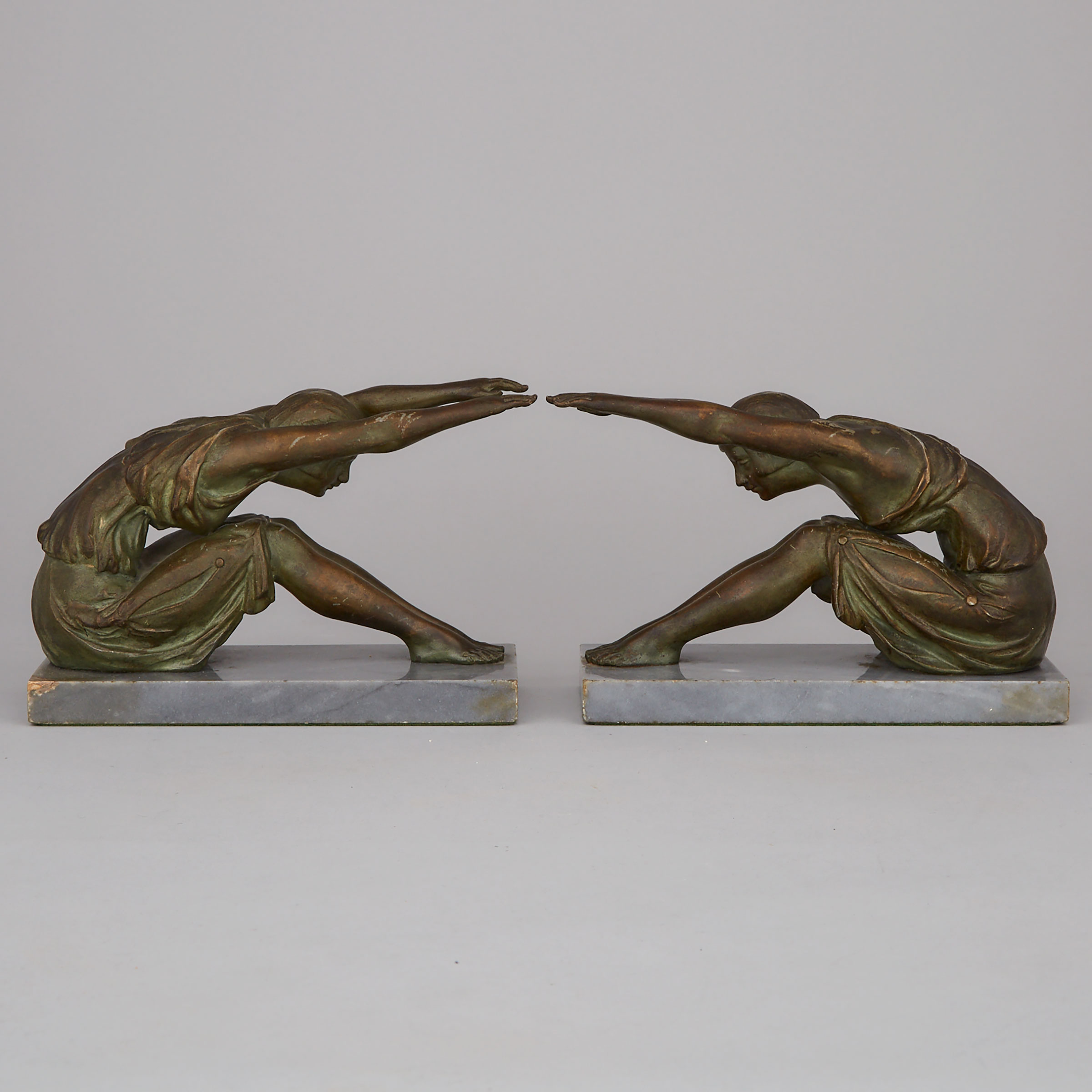Pair of French Art Deco Patinated Metal Figural Bookends, c.1925