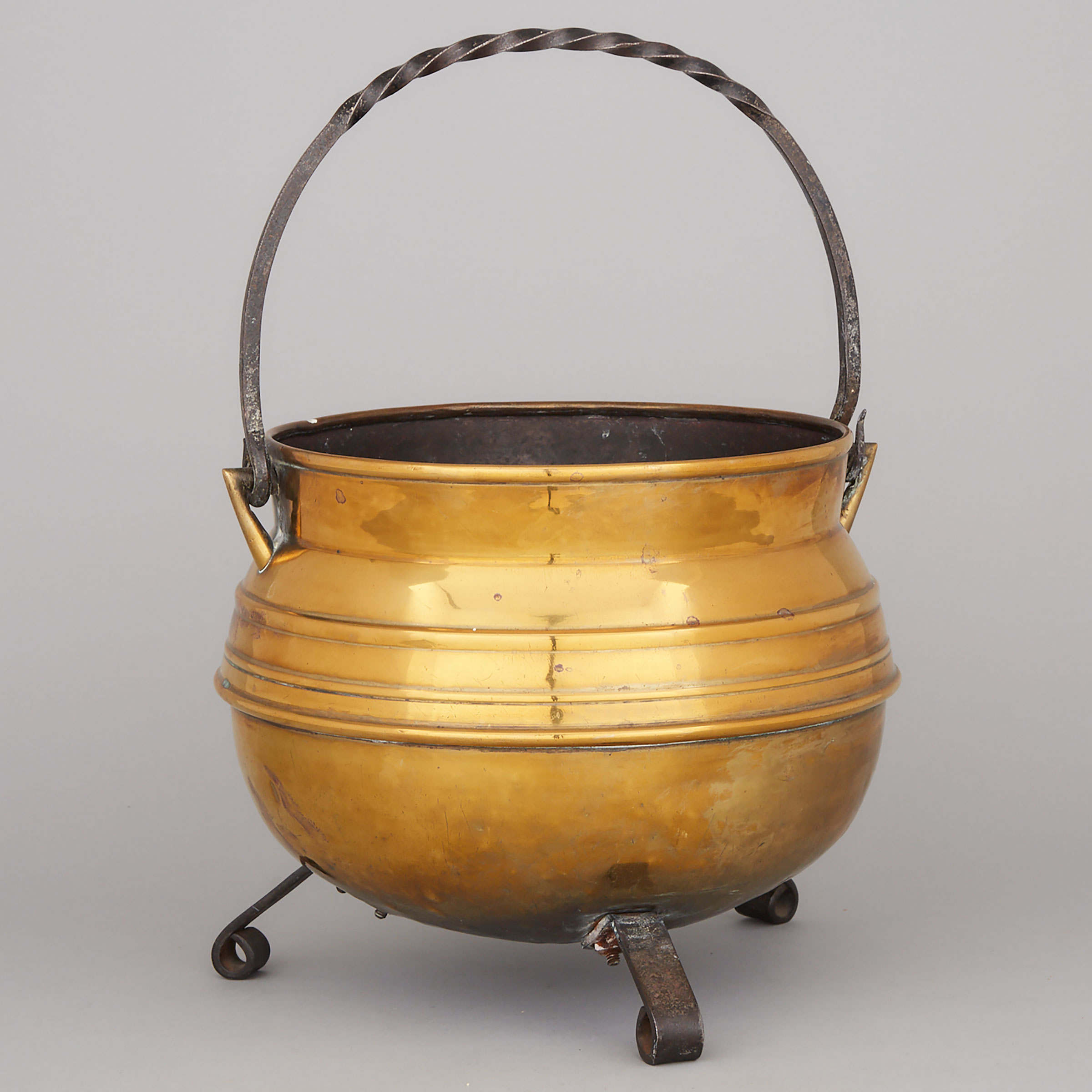 English Iron Mounted Brass Cauldron, Henry Loveridge & Co., Wolverhampton, 19th century