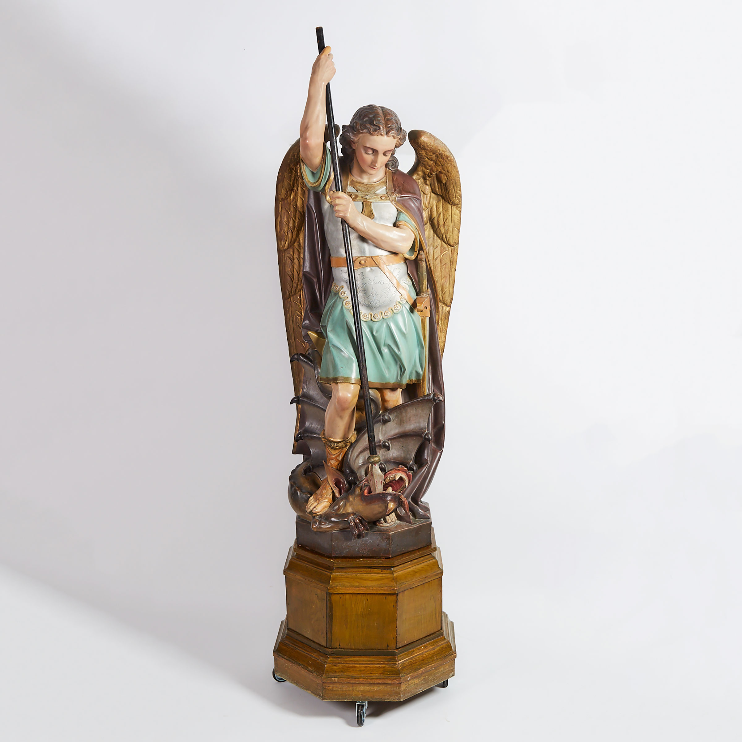 Italian Polychromed Plaster Figure of St. Michael Slaying the Dragon, mid 20th century
