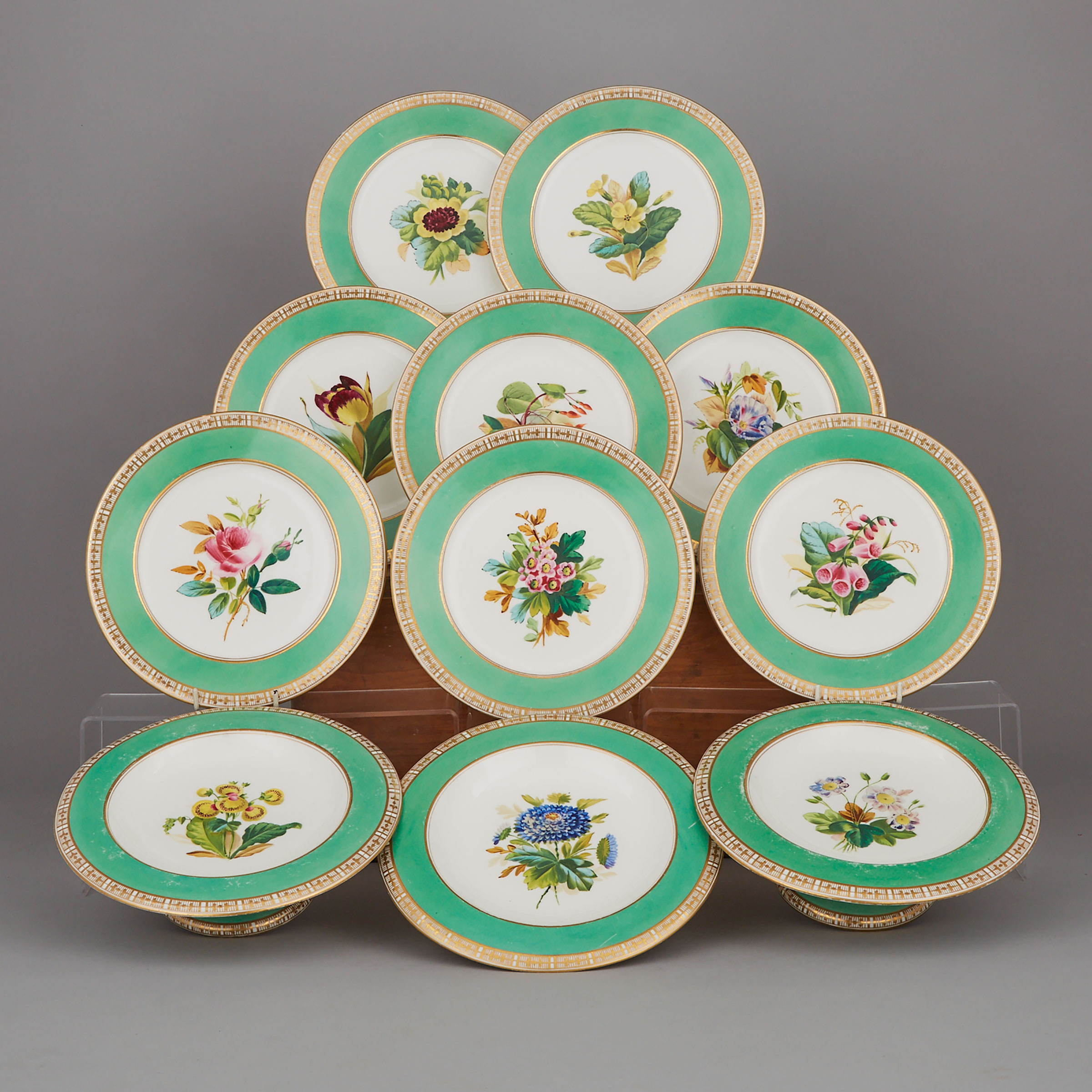 English Porcelain Floral Decorated Dessert Service, c.1870