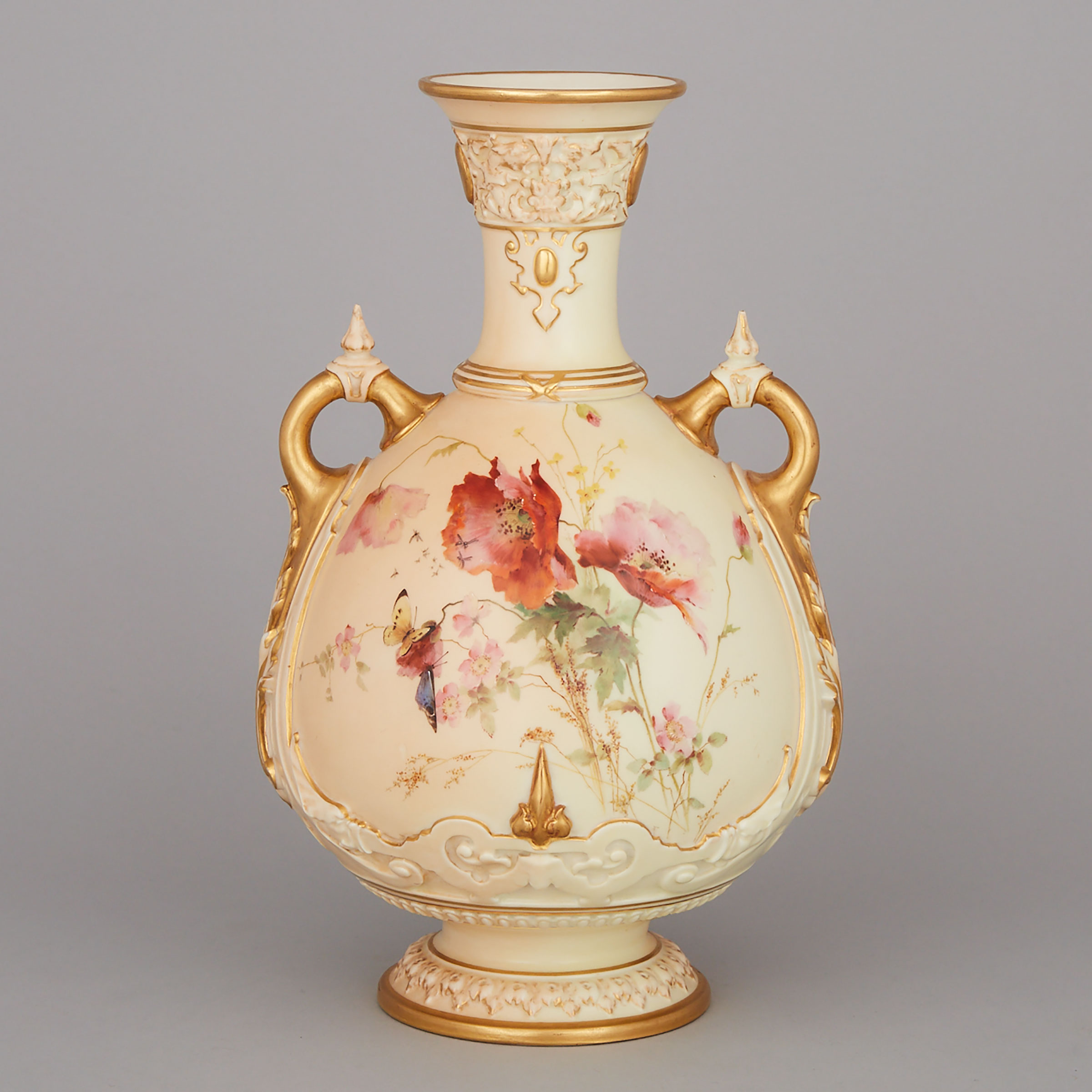 Worcester Blush Ivory Ground Two-Handled Vase, Edward Raby, 1893