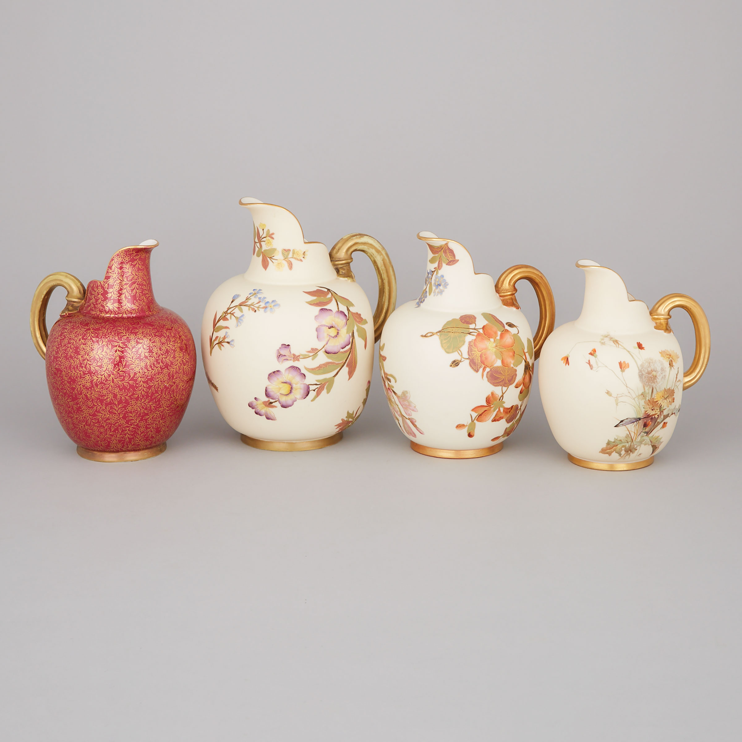 Four Royal Worcester Blush Ivory or Claret Ground Flat Back Jugs, late 19th century
