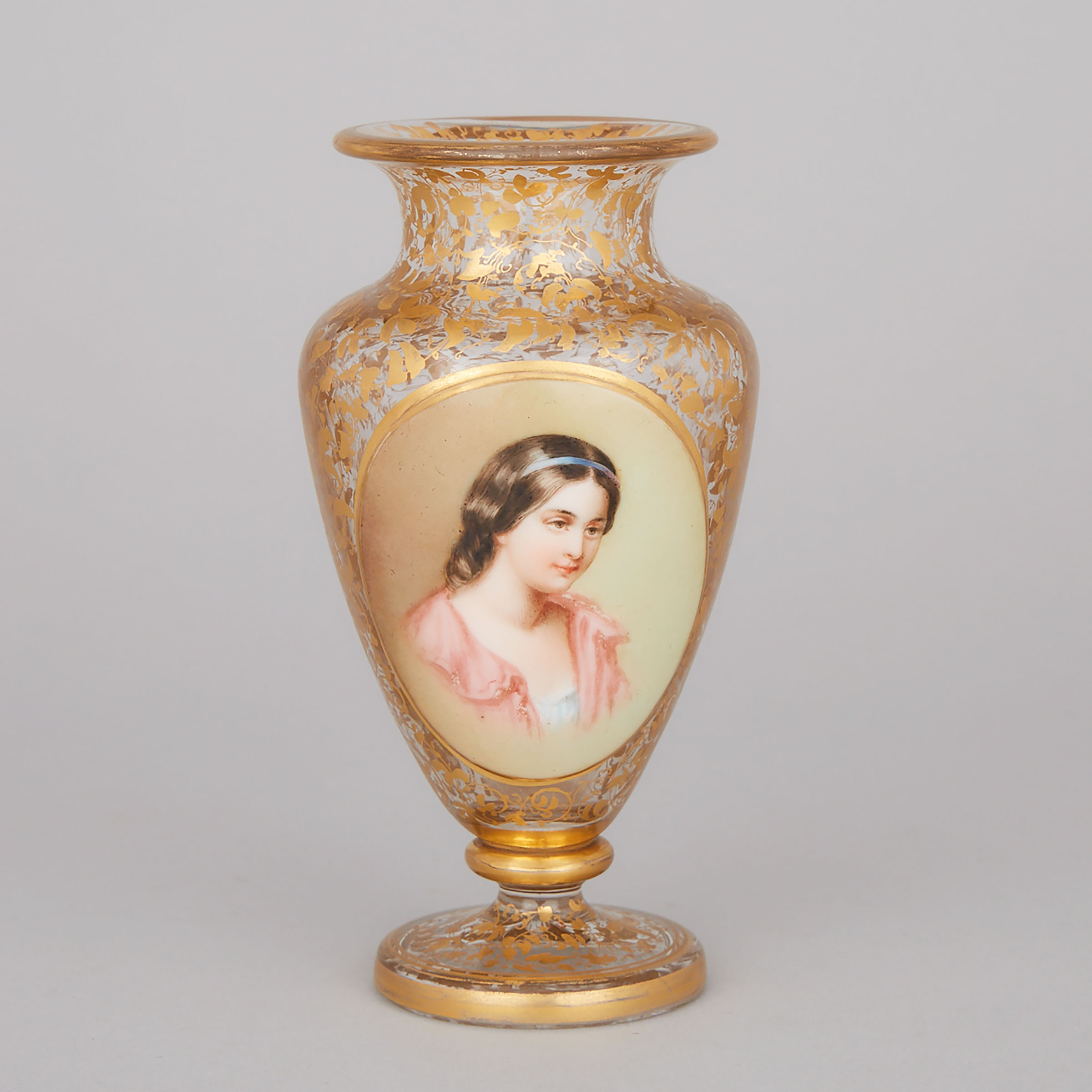 Bohemian Overlaid, Enameled and Gilt Glass Portrait Vase, late 19th century