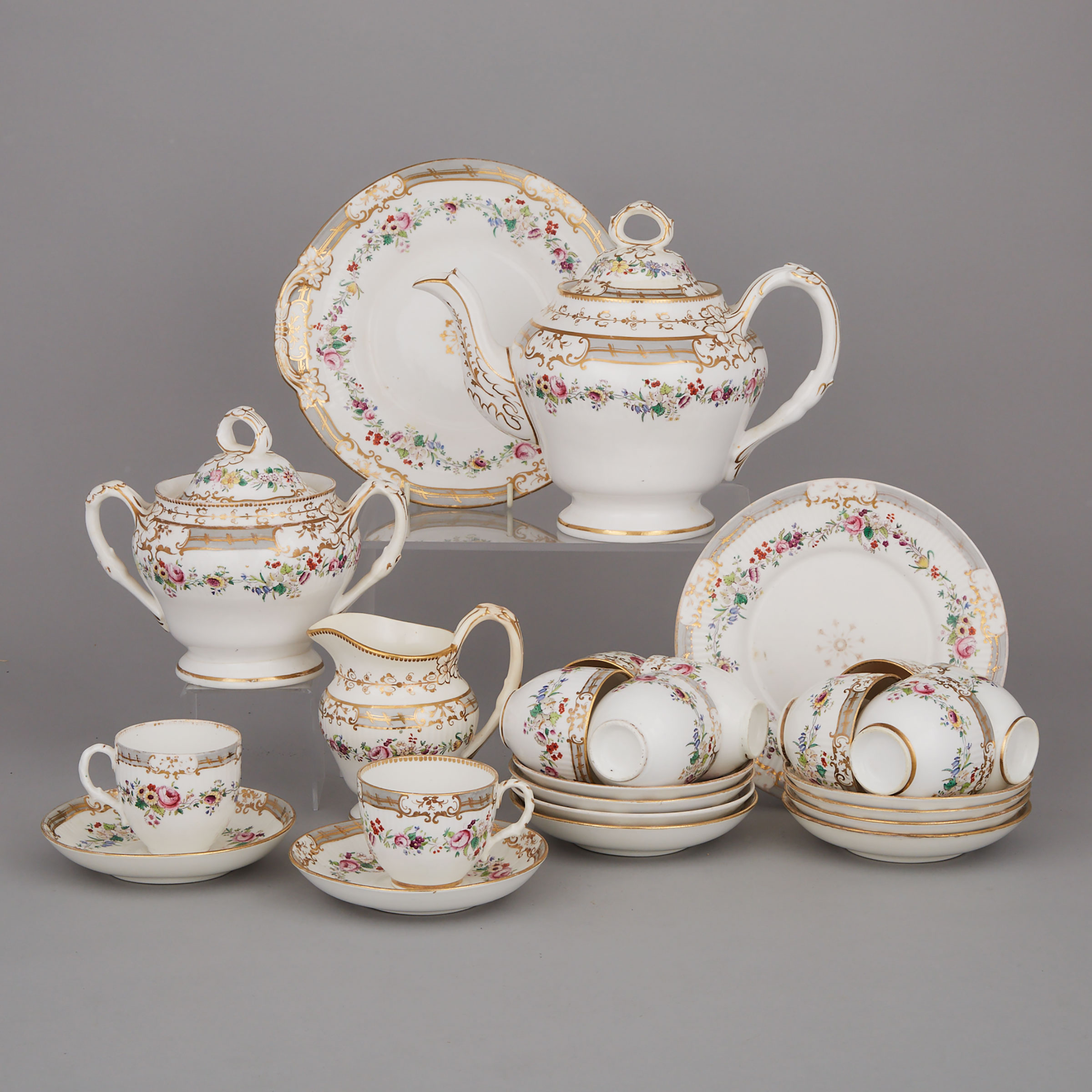 English Porcelain Grey and Gilt Ground Floral Decorated Tea Service, mid-19th century