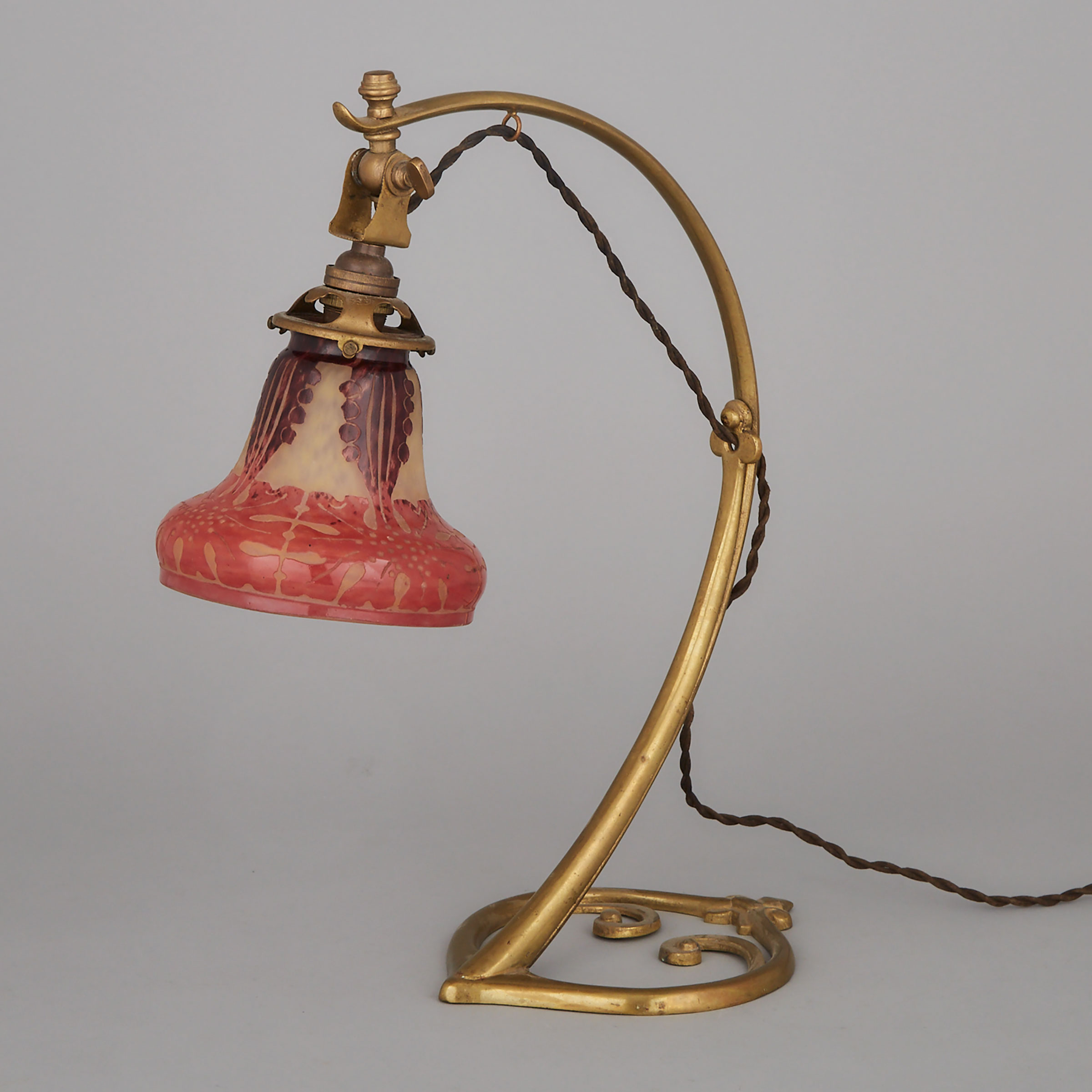 Le Verre Français Cameo Glass and Brass Desk Lamp, c.1925