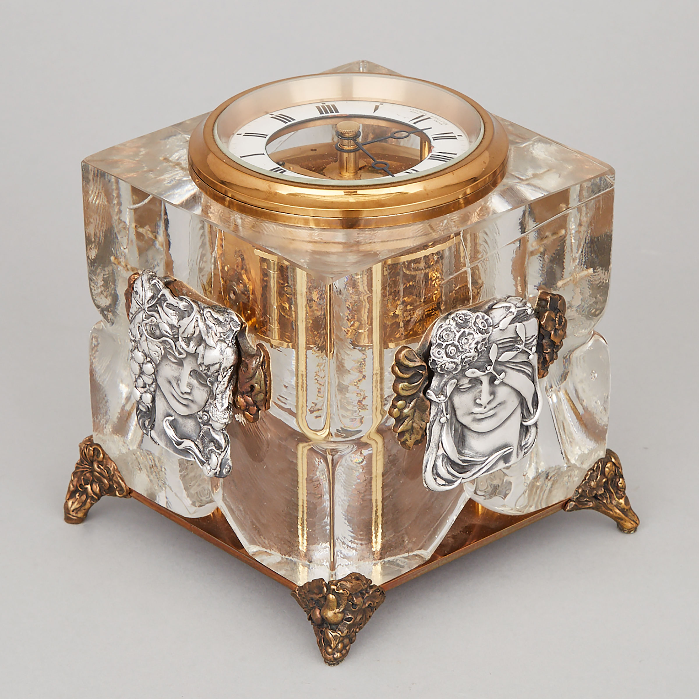 Swiss Silver and Bronze Mounted Glass ‘Four Seasons’ Table Clock by Matthew Norman, late 20th century