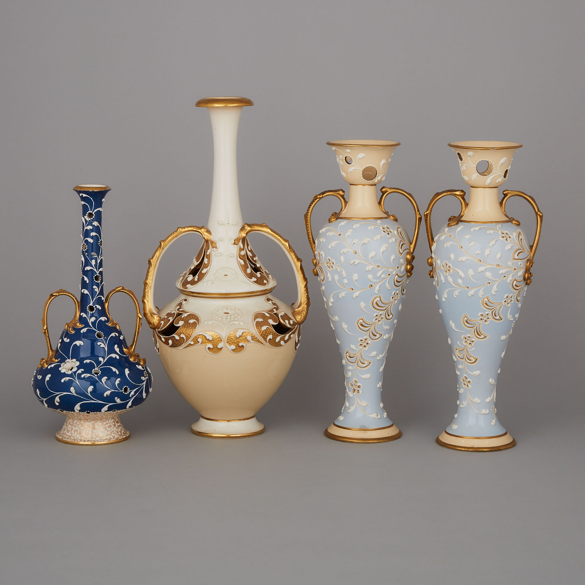 Pair and Two Single Wedgwood Slip Decorated Two-Handled Vases, Harry Barnard, c.1900