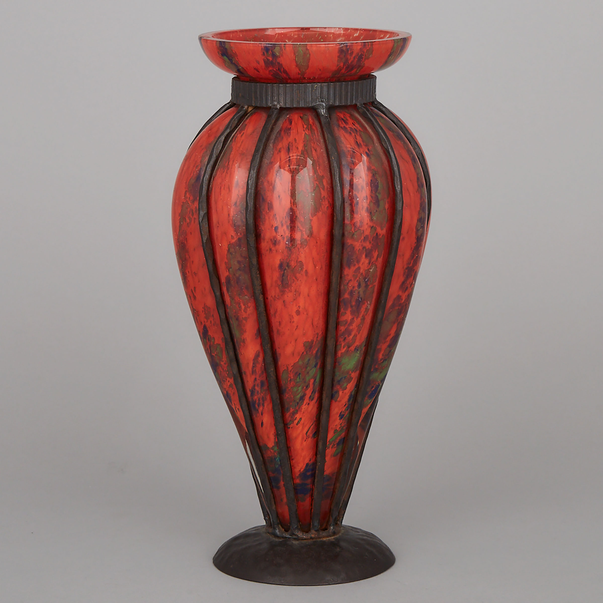 Schneider Wrought Iron Mounted Mottled Red Glass Vase, c.1930