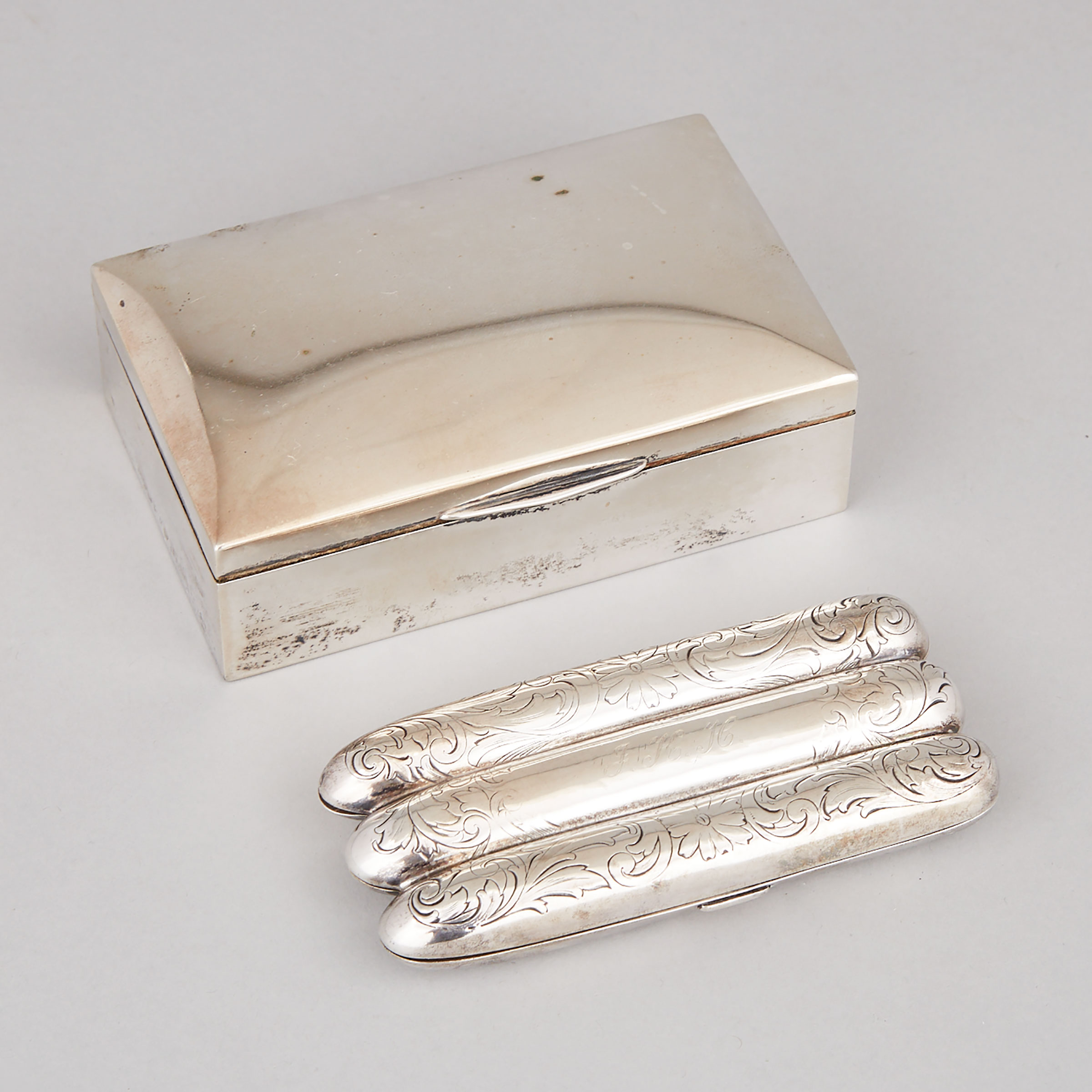 American Silver Cigar Case, Webster Co.,  North Attleboro, Mass., German Cigarette Box, Wilhelm Binder, Schwäbisch Gmünd and an Edwardian Card Case, early 20th century