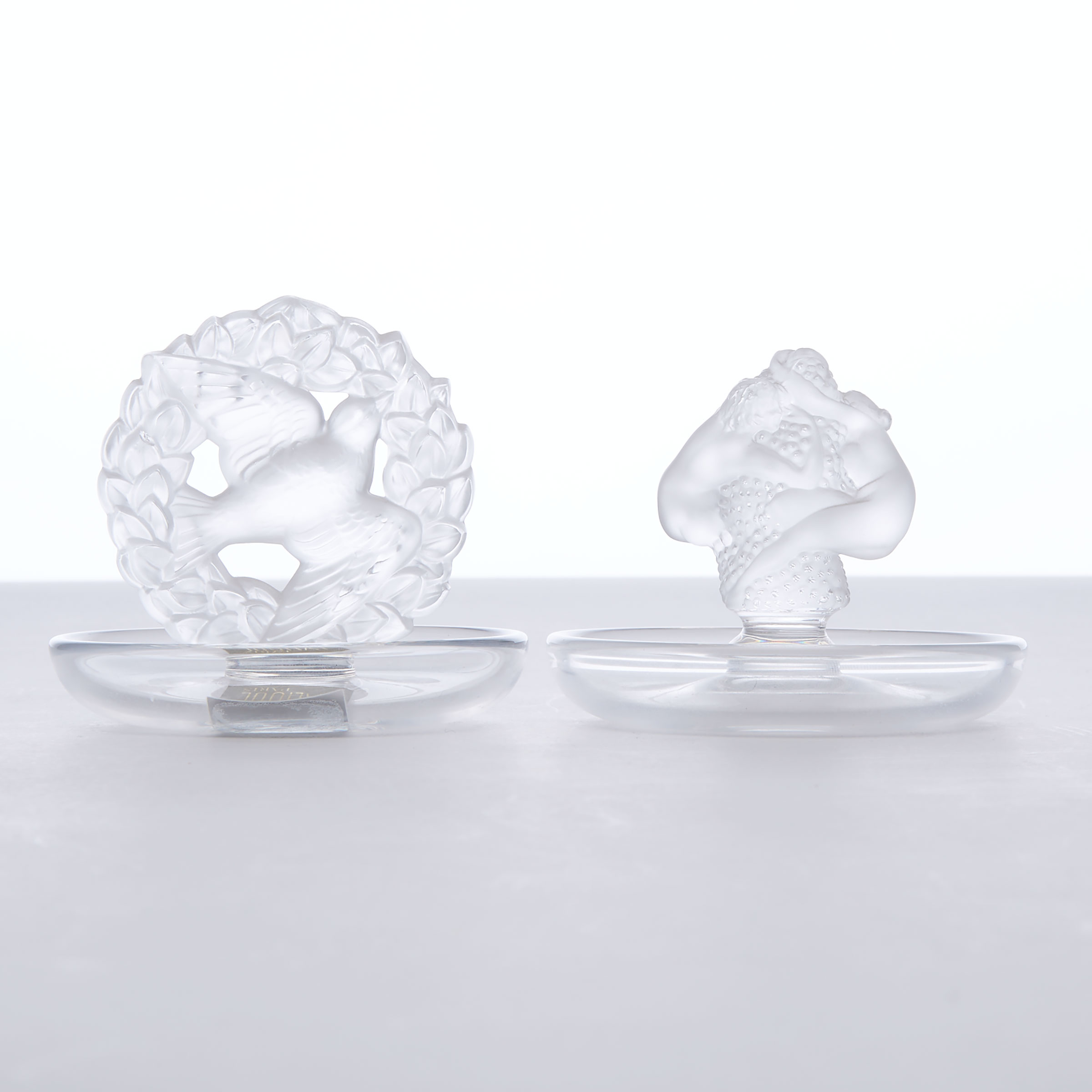 Two Lalique Moulded and Partly Frosted Glass Cendriers, post-1945