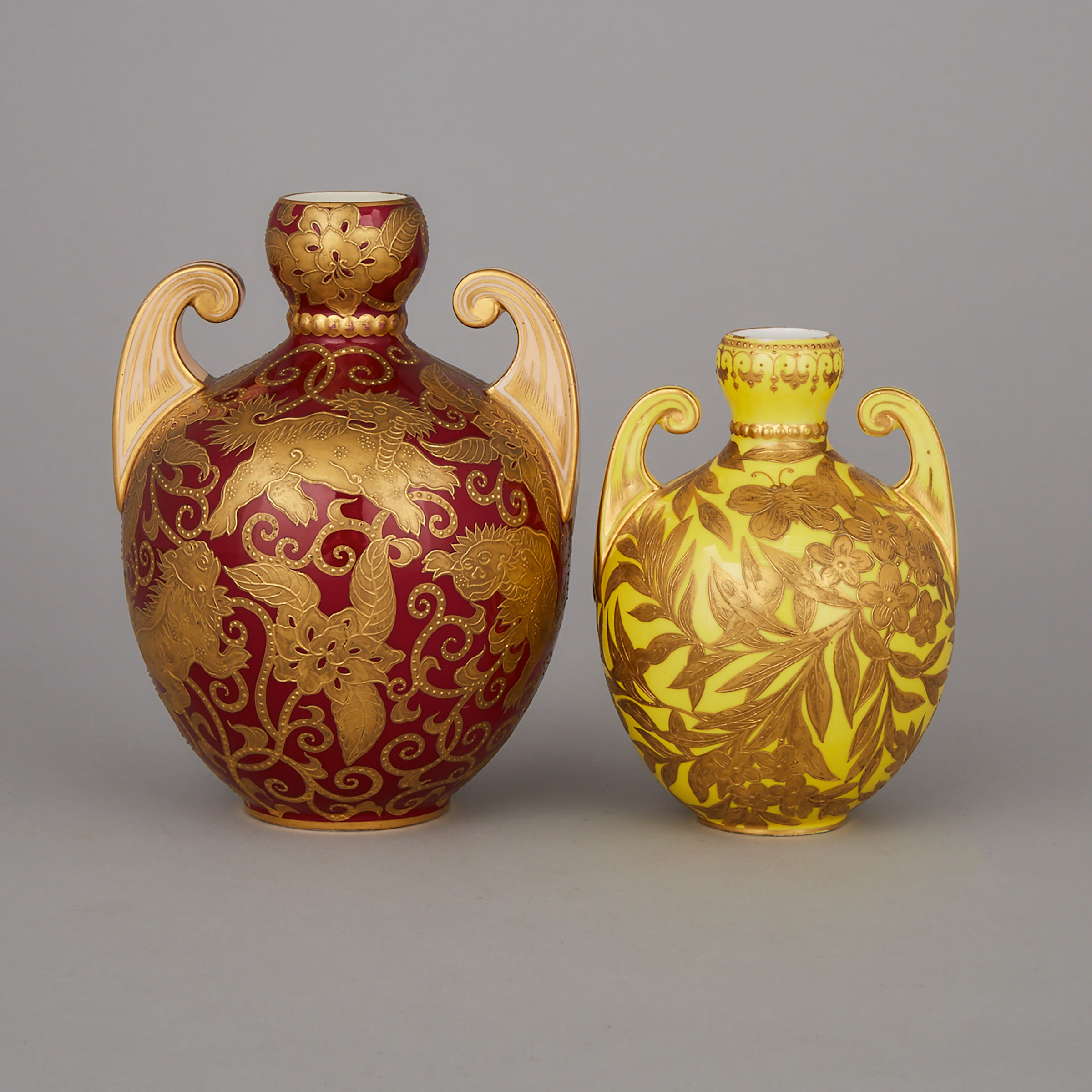 Two Derby Crown Porcelain Co. Gilt Decorated Two-Handled Vases, 1880s