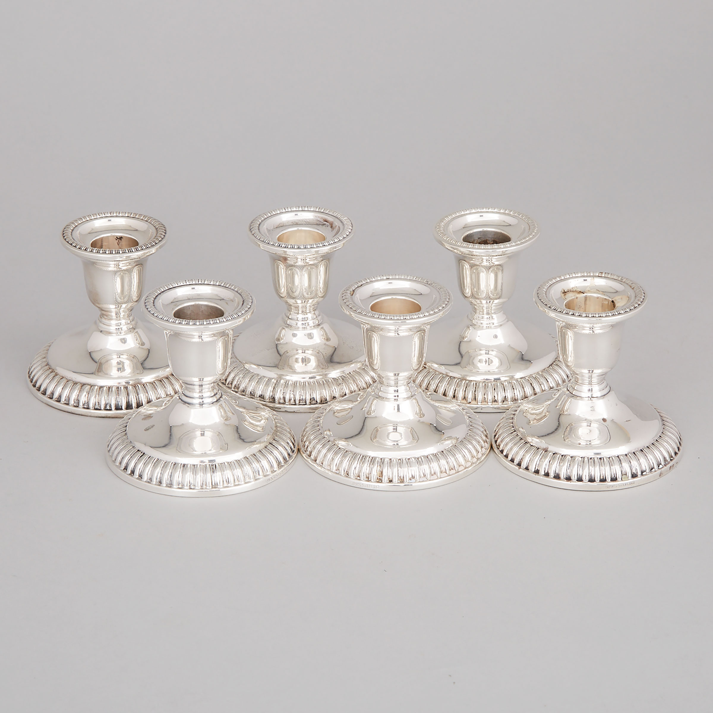 Six Canadian Silver Low Candlesticks, Henry Birks & Sons, Montreal, Que., 1904-24