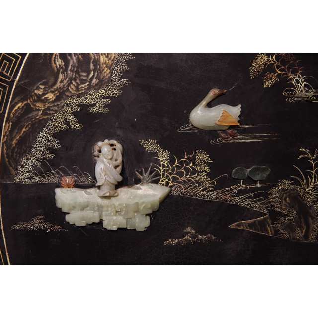 A Jade Inlaid and Gilt Decorated Black Lacquer Panel