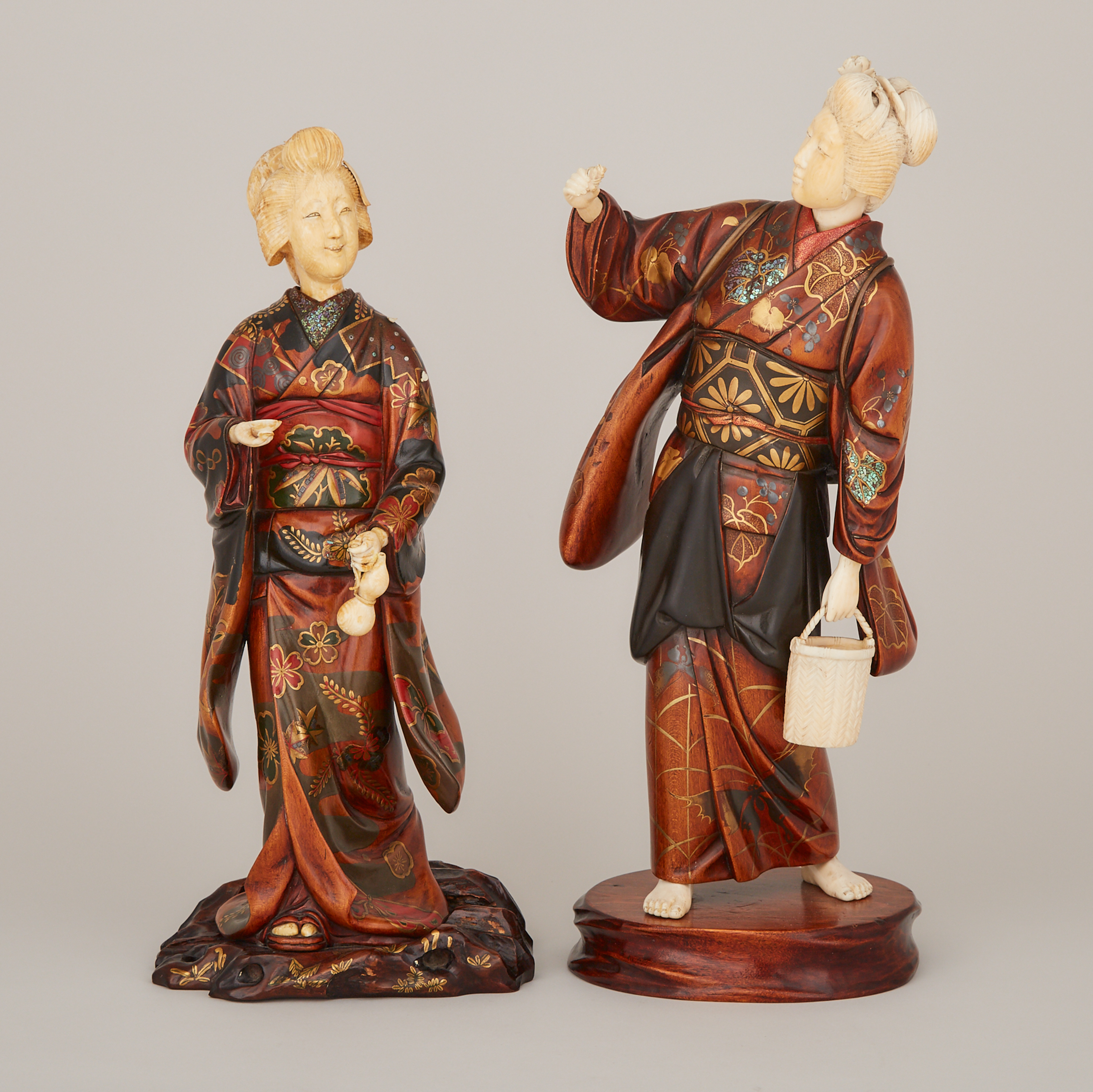 Two Japanese Ivory and Wood Carved Ladies, Circa 1900