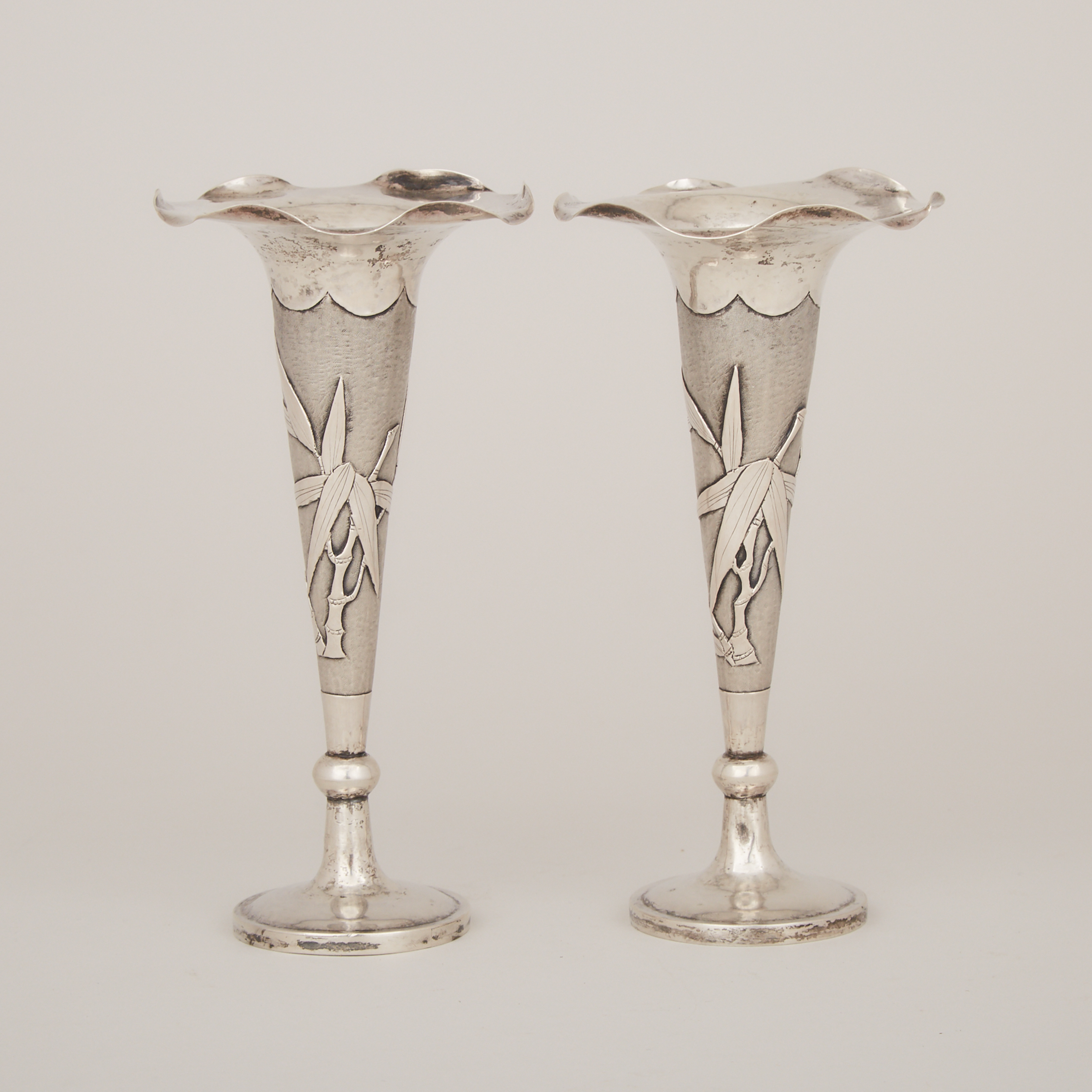 A Pair of Chinese Sterling Silver Bud Vases, Late Qing/Republican Period