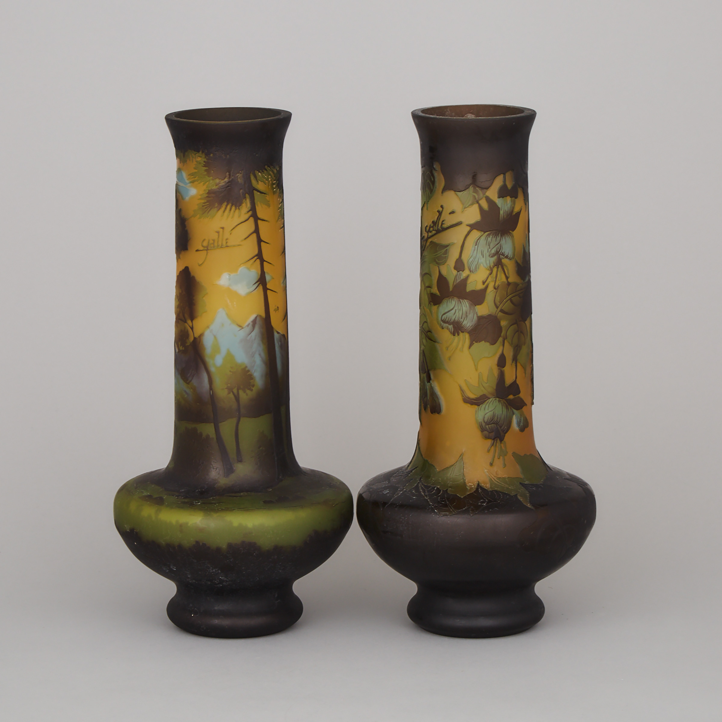 Two Romanian Gallé-Style Cameo Glass Vases, late 20th century