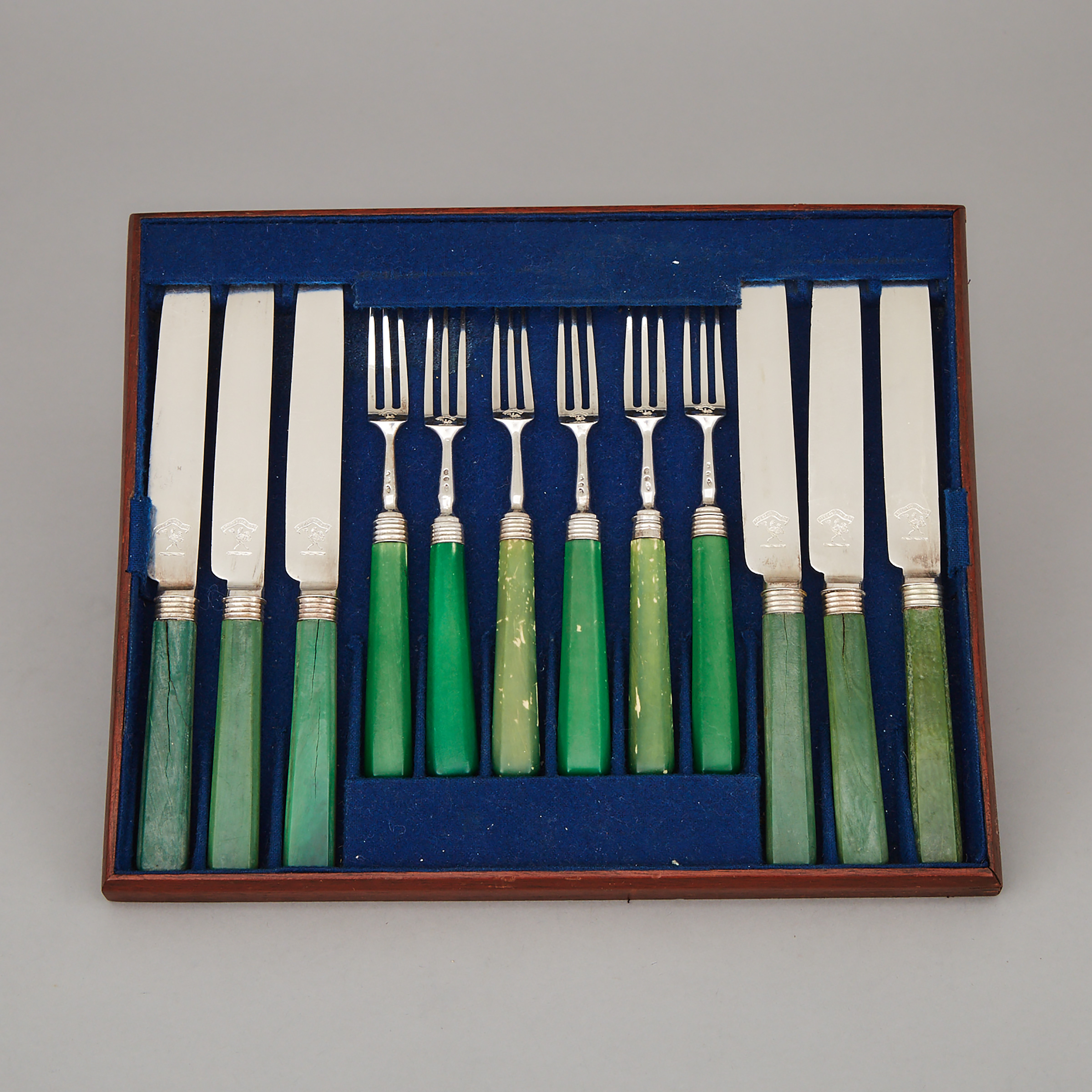Six George IV Silver and Green Stained Ivory Knives and Six Forks, Joseph Willmore and John Mewburn (probably), London, c.1820