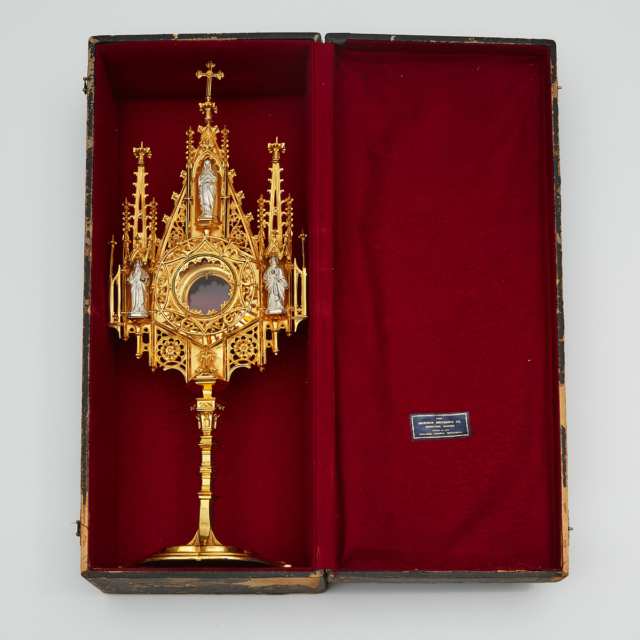 Canadian Gothic Gilt and Silvered Metal Monstrance, Meriden Britannia Co. Hamilton, Ont., early-mid 20th century