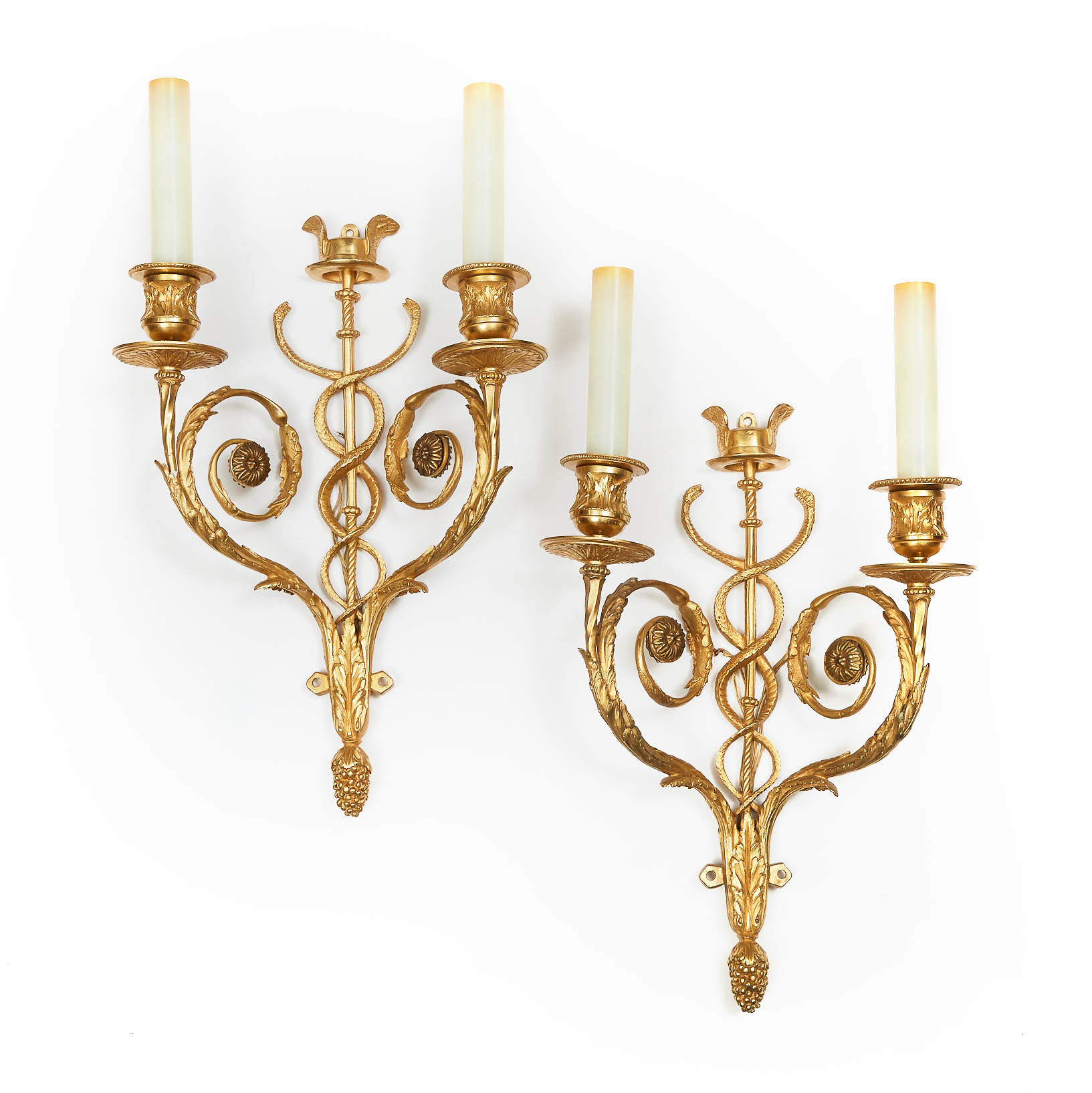 Pair of French Gilt Bronze Caduceus Form Two Light Wall Sconces, mid 20th century