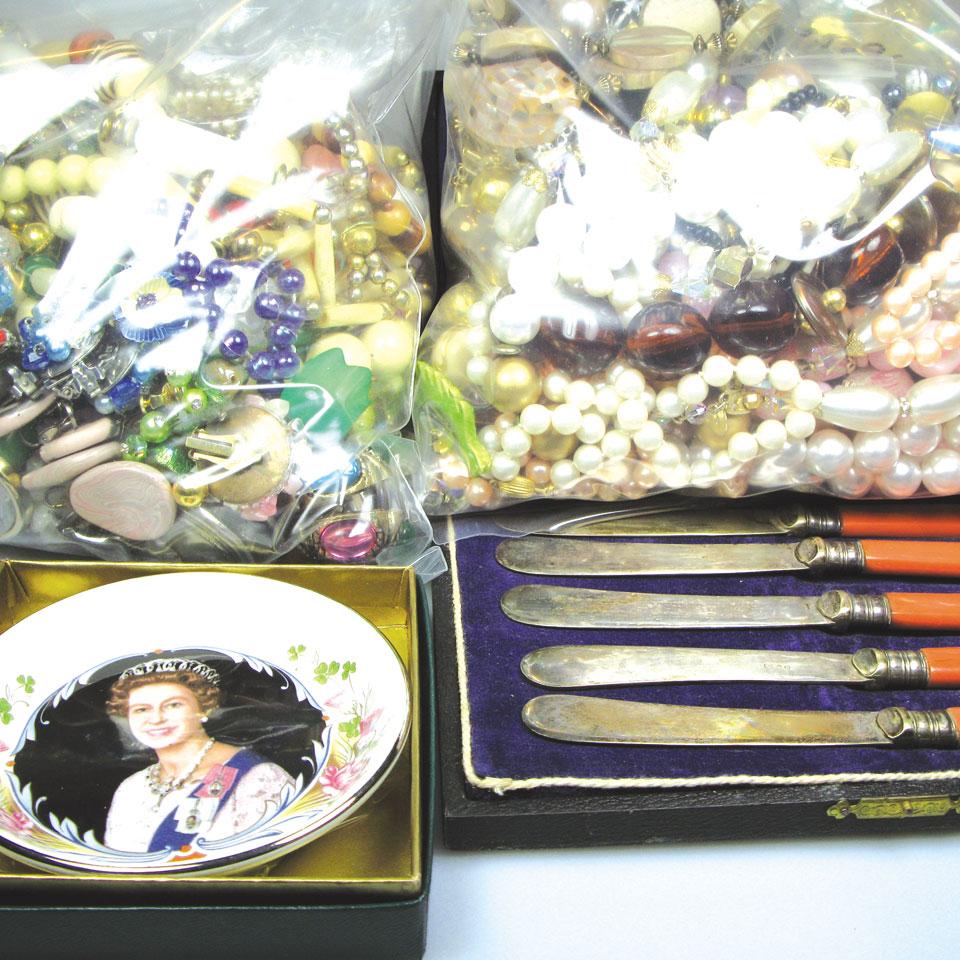Large quantity of costume jewellery, watches, porcelain collector’s plate, set of silver plated knives in original box