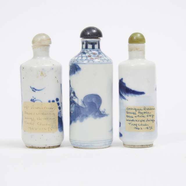 A Group of Three Underglaze Porcelain Snuff Bottles, 19th Century