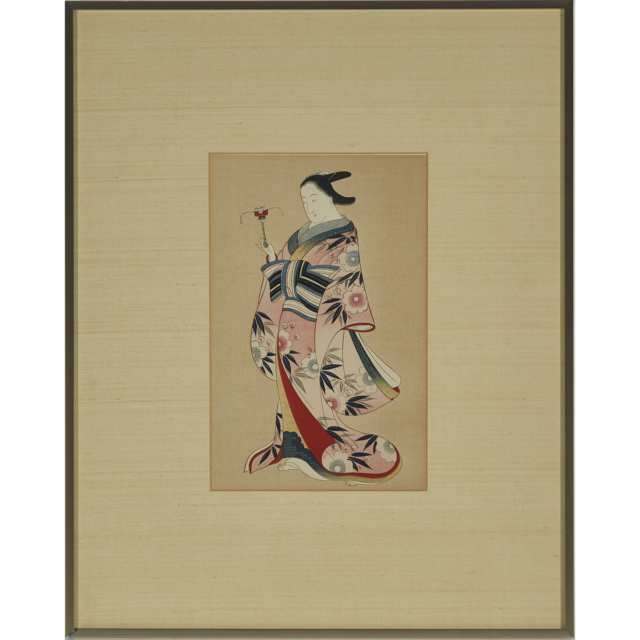 A Group of Five Japanese Woodblock Prints and Drawings, 20th Century