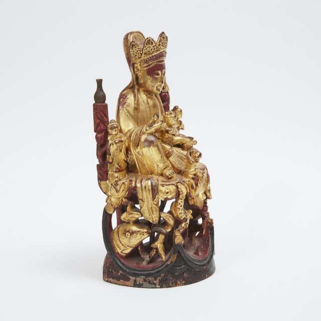 A Gilt Wood Carved Guanyin and Child, 19th Century