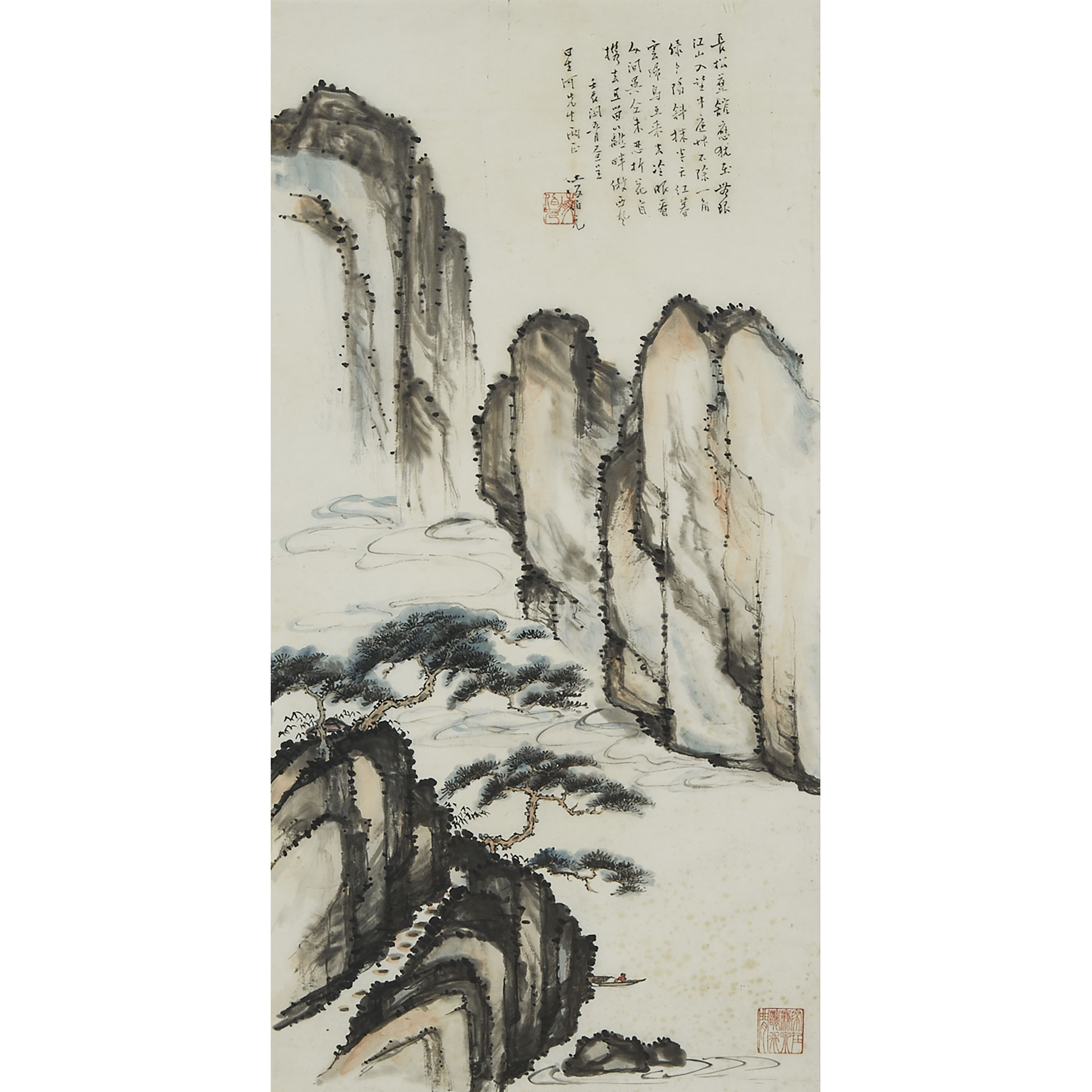 A Large Chinese Landscape Painting, Signed Ling Boyuan, Cyclically Dated to 1952
