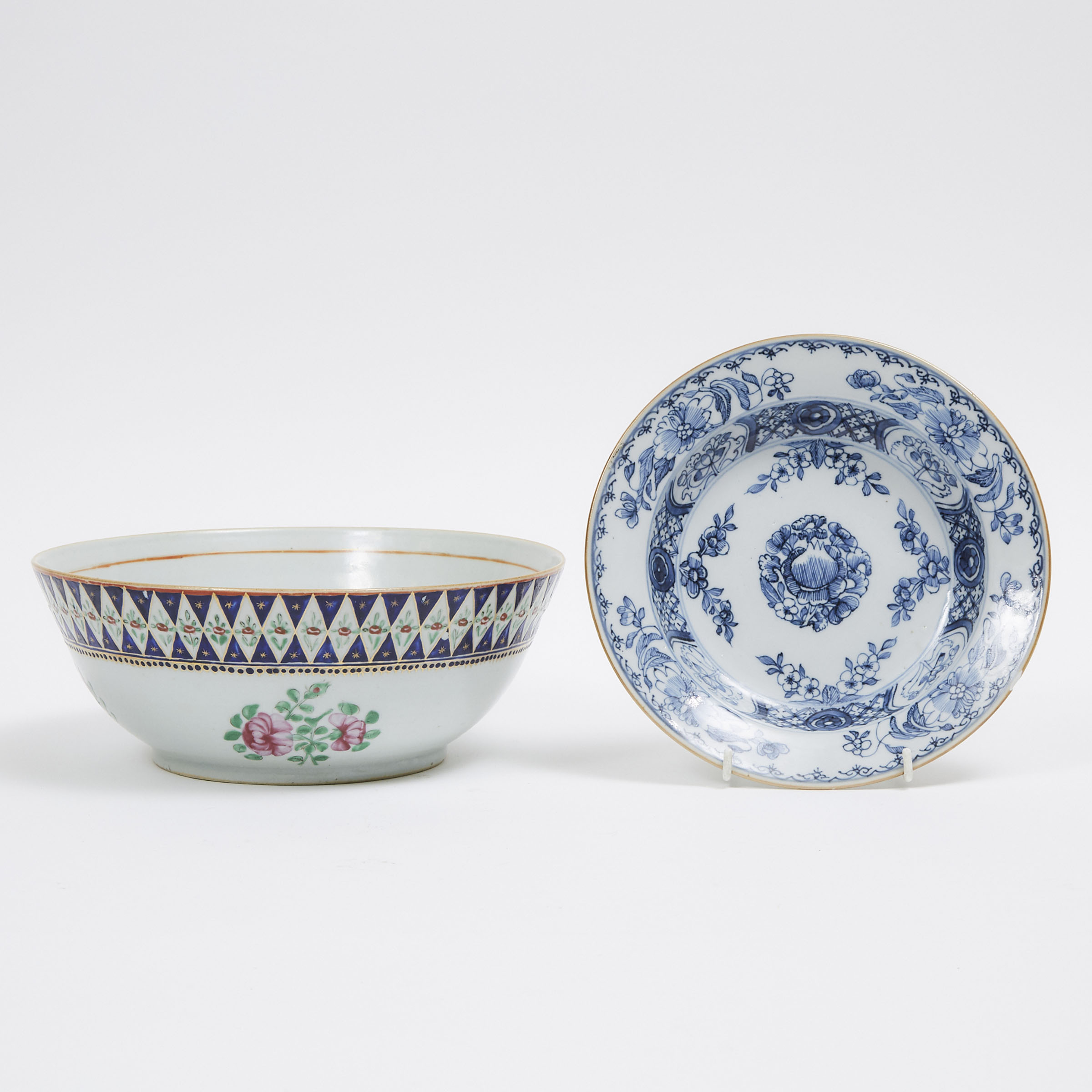 A Chinese Export Punch Bowl with Polychrome Enamel Decoration, together with a Chinese Export Blue and White Dish, 18th Century