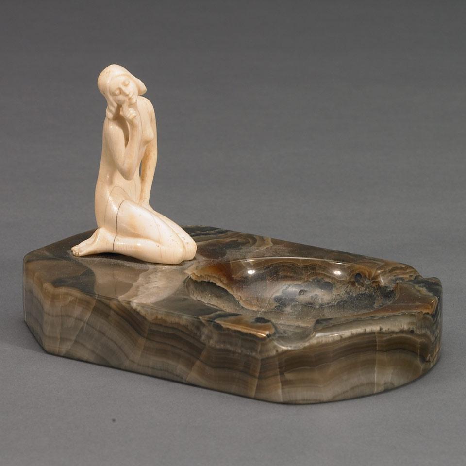 Manner of Ferdinand (Fritz) Preiss, Figural Carved Ivory and Agate Ashtray, c.1925