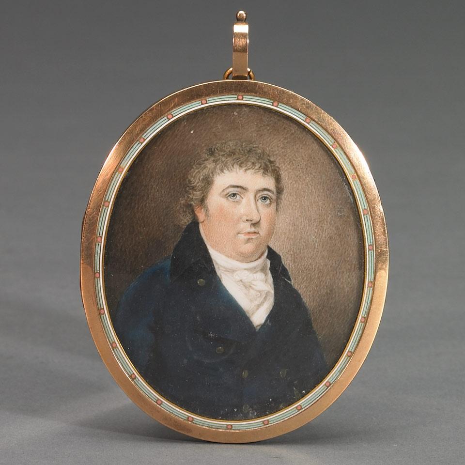 English Oval Portrait Locket of a Gentleman in Blue Coat with Cravat, c.1820