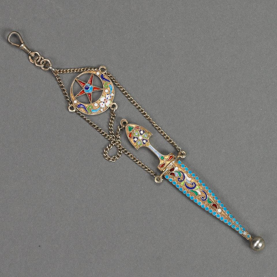 Russian Silver and Cloisonné Enamel Dagger Pendant, St. Petersburg, 1908-17