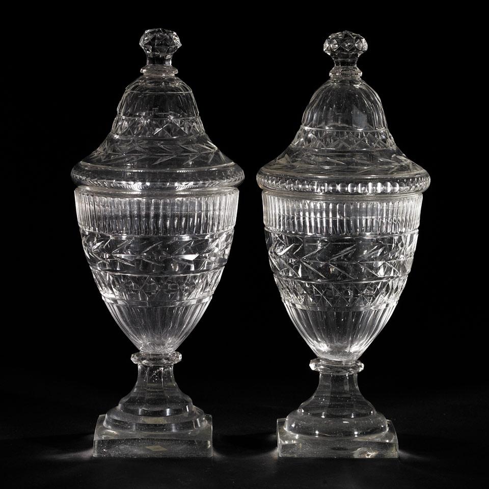 Pair of Irish Cut Glass Covered Sweetmeat Vases, c.1800