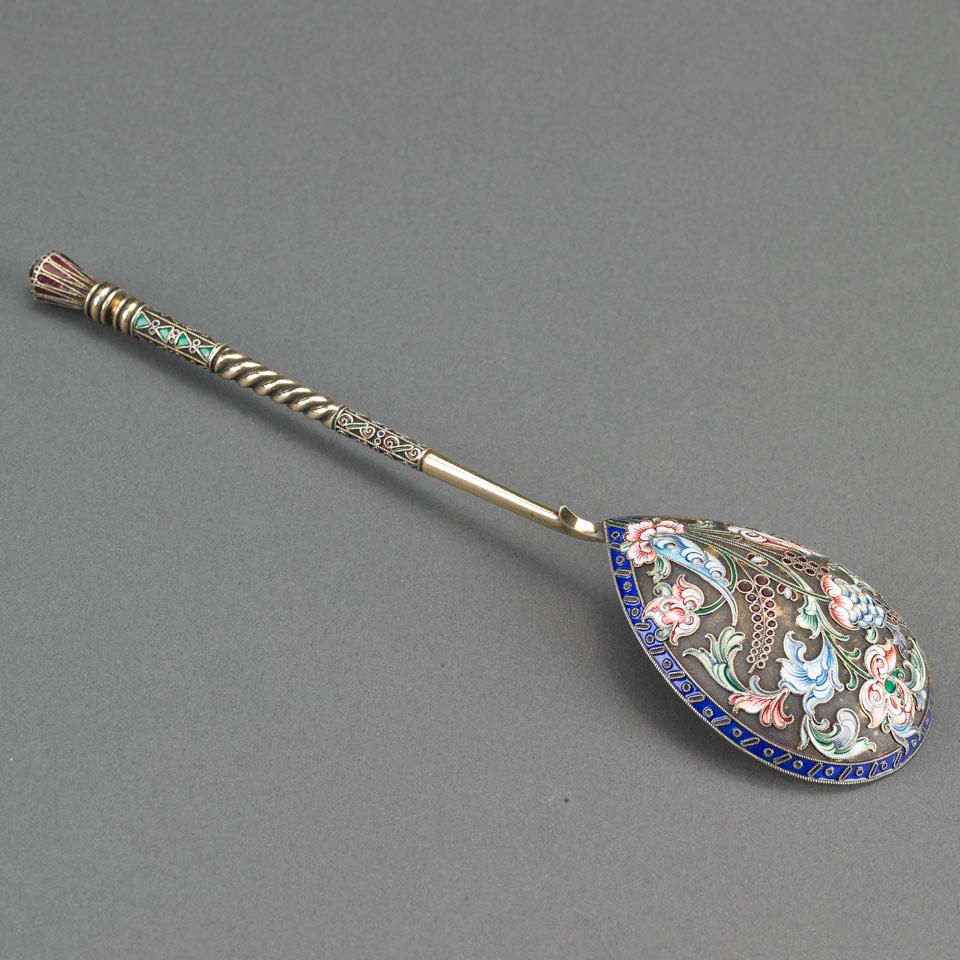 Russian Silver-Gilt and Cloisonné Enamel Spoon, 11th Artel, Moscow, 1908-17