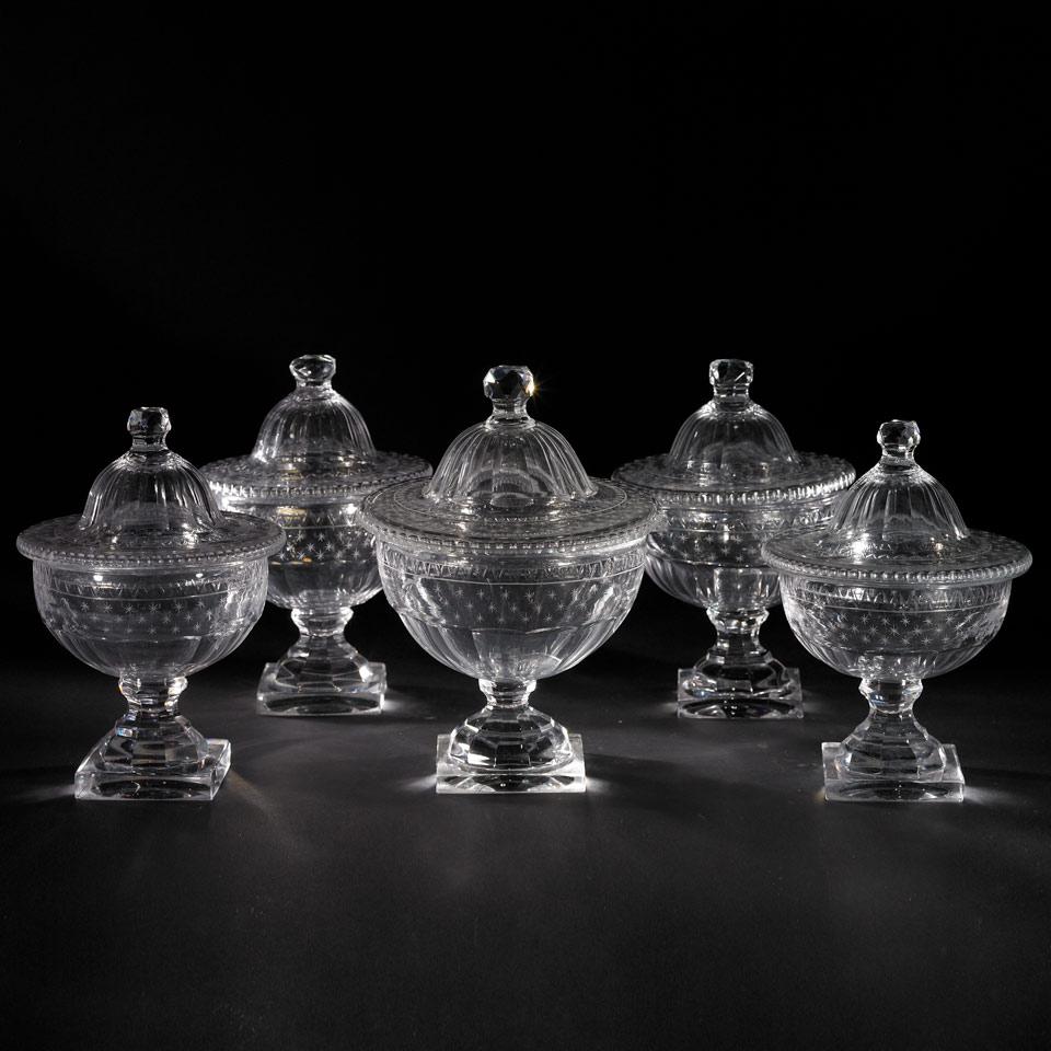 Set of Five Anglo-Irish Cut Glass Covered Urns, early 19th Century