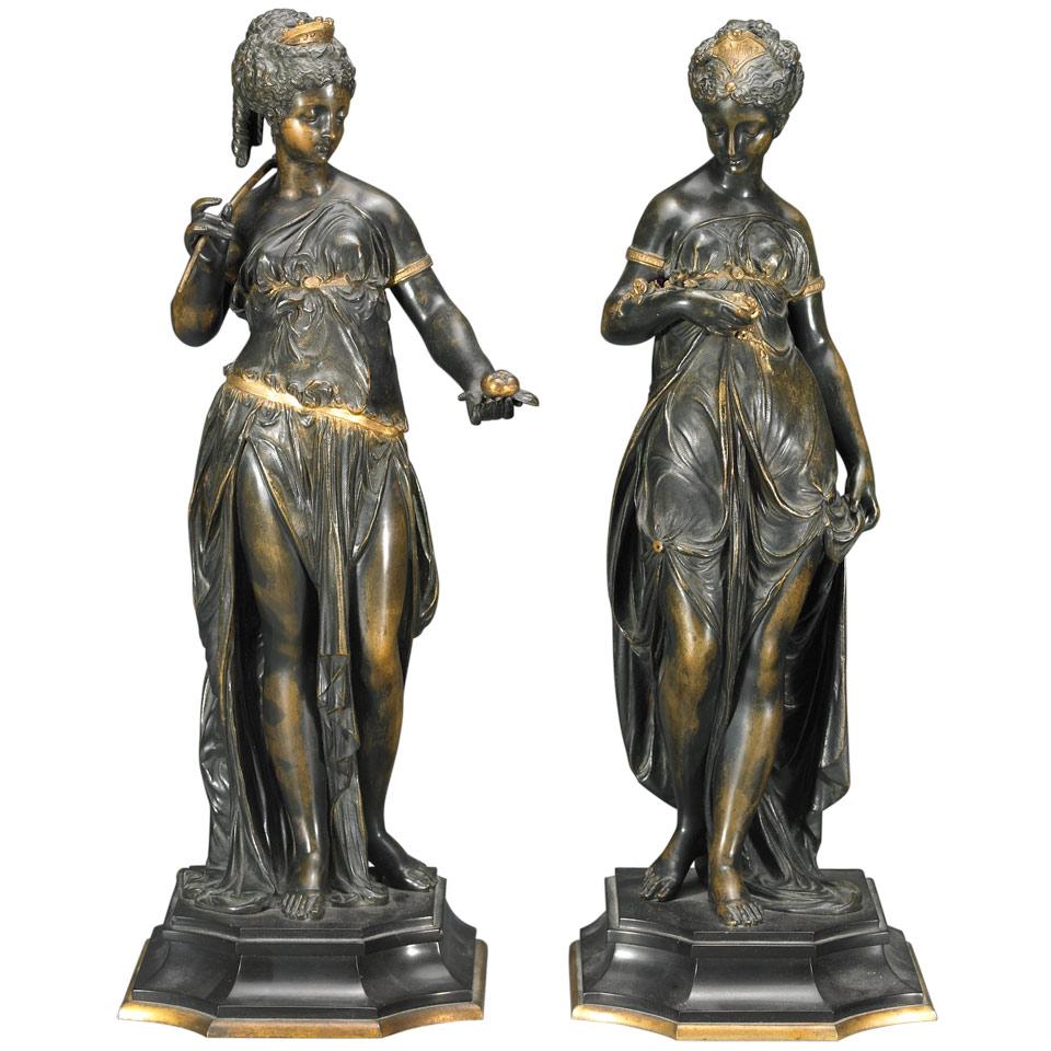 Pair of French Parcel Gilt and Patinated Bronze Figures of Spring and Summer, 19th century
