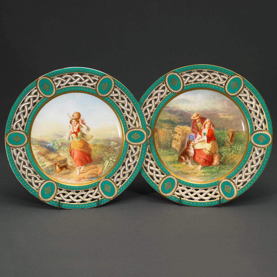 Pair of Minton Reticulated Cabinet Plates, painted  by James Rouse, for Sharpus & Cullum of London, 1870