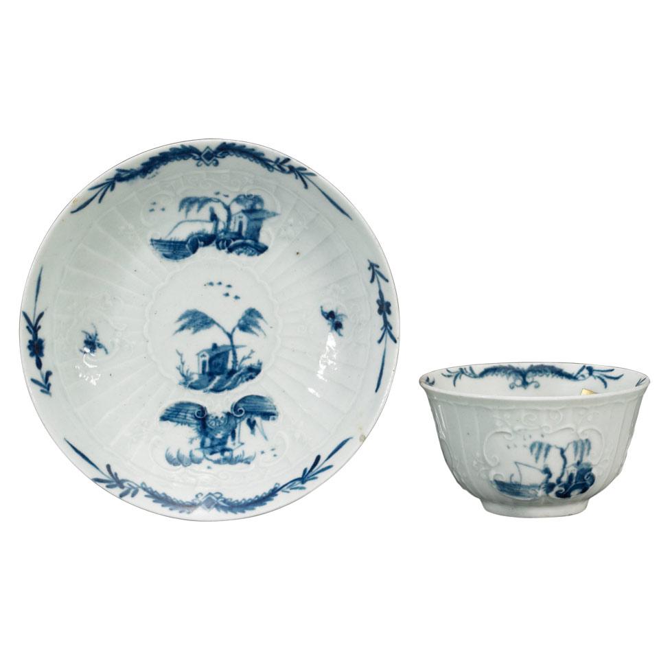 Worcester ‘Fisherman and Willow Pavilion’ Strap-Fluted Tea Bowl and Saucer, c.1755-60