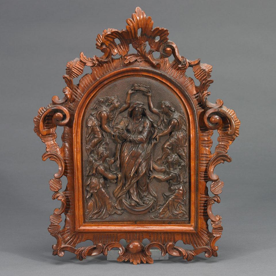 Italian Relief Carved Walnut Plaque of the Ascension the Virgin, c.1900