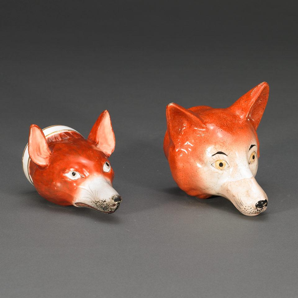 Two Staffordshire Fox Head Stirrup Cups, 19th century