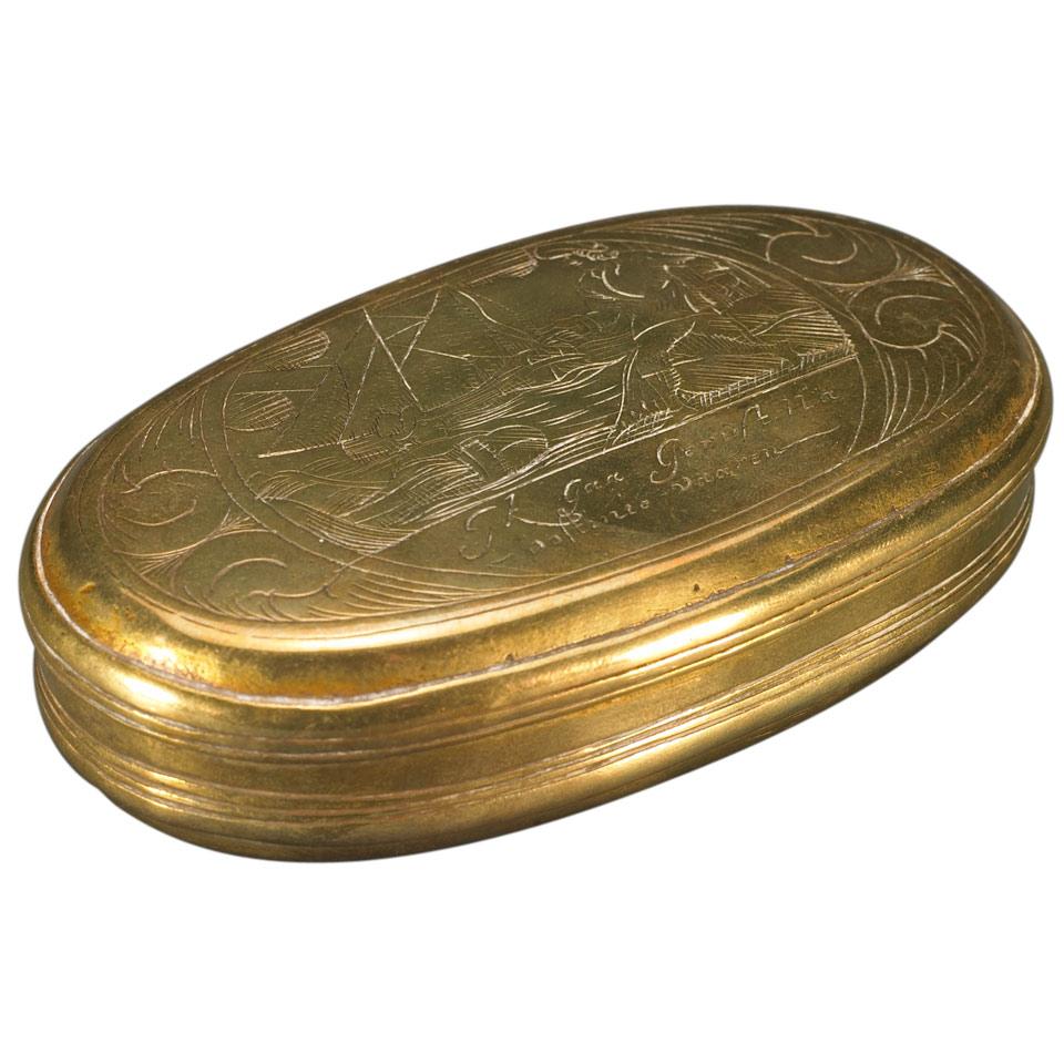 Dutch Engraved Brass Oval Tobacco Box, 18th century
