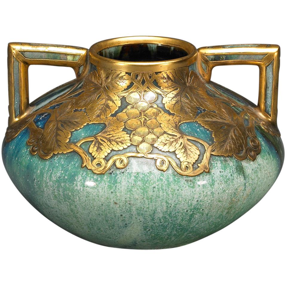 Engraved Gilt Metal Mounted Two Handled Vase, early 20th century
